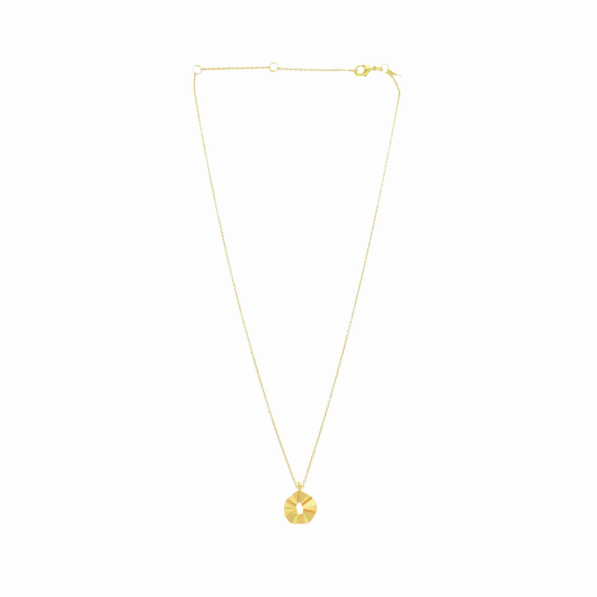 Ribbons & Lace Ruffle Gold Necklace; sculptural open pendant featuring an undulating furl design with adjustable chain, matte brushed gold finish.