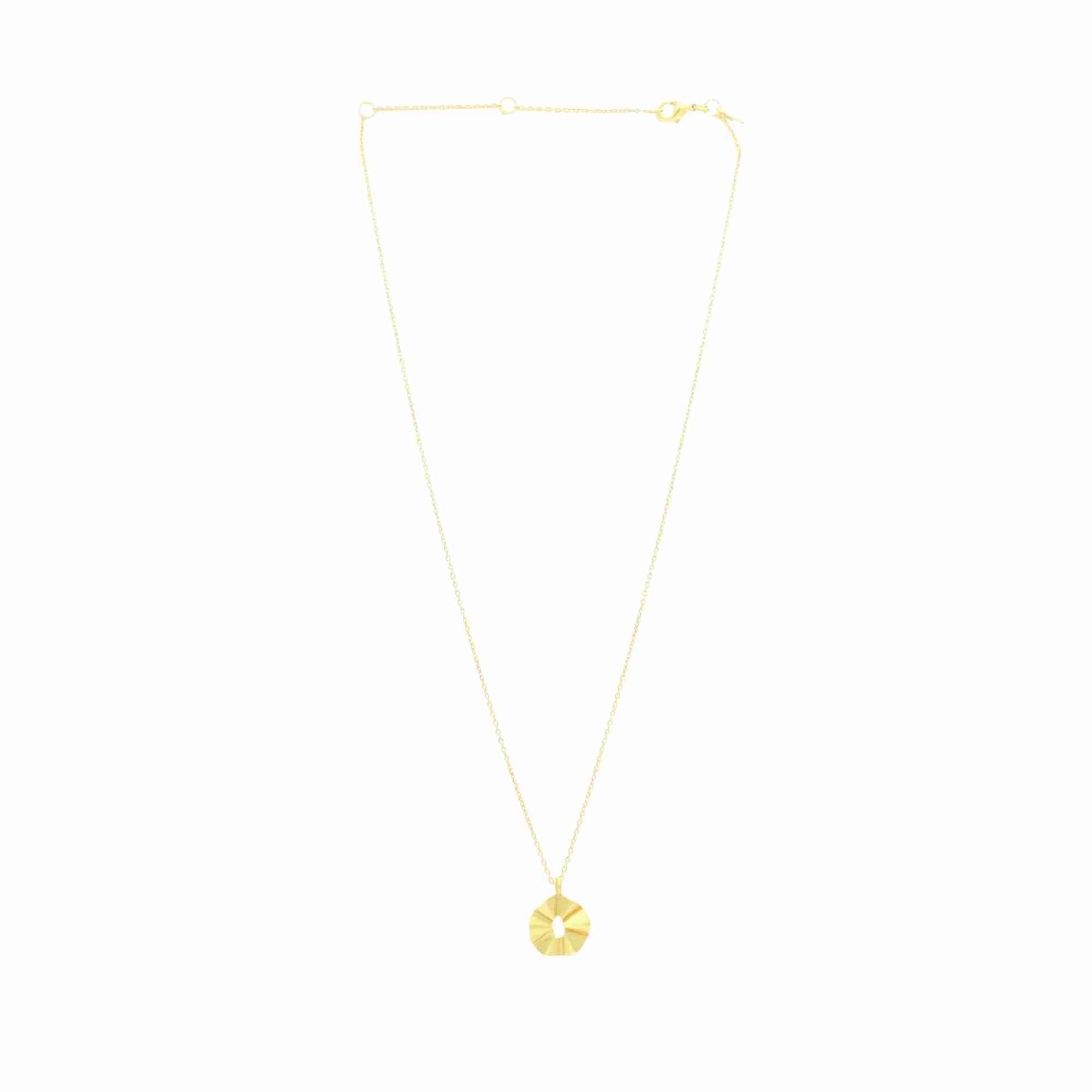 Ribbons & Lace Ruffle Gold Necklace; sculptural open pendant featuring an undulating furl design with adjustable chain, matte brushed gold finish.