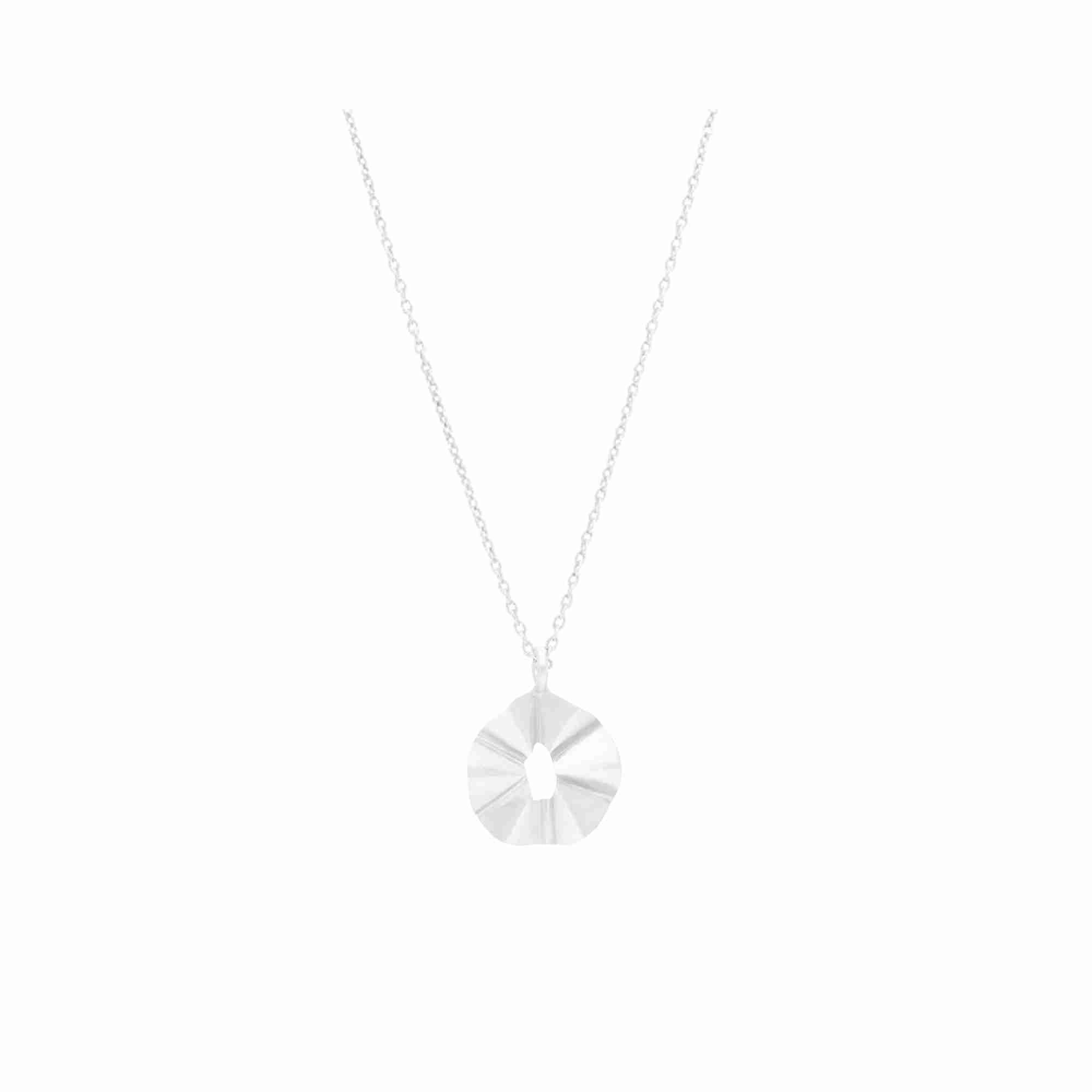 Ribbons & Lace Ruffle Silver Necklace; sculptural open pendant featuring an undulating furl design with adjustable chain, matte brushed silver finish.