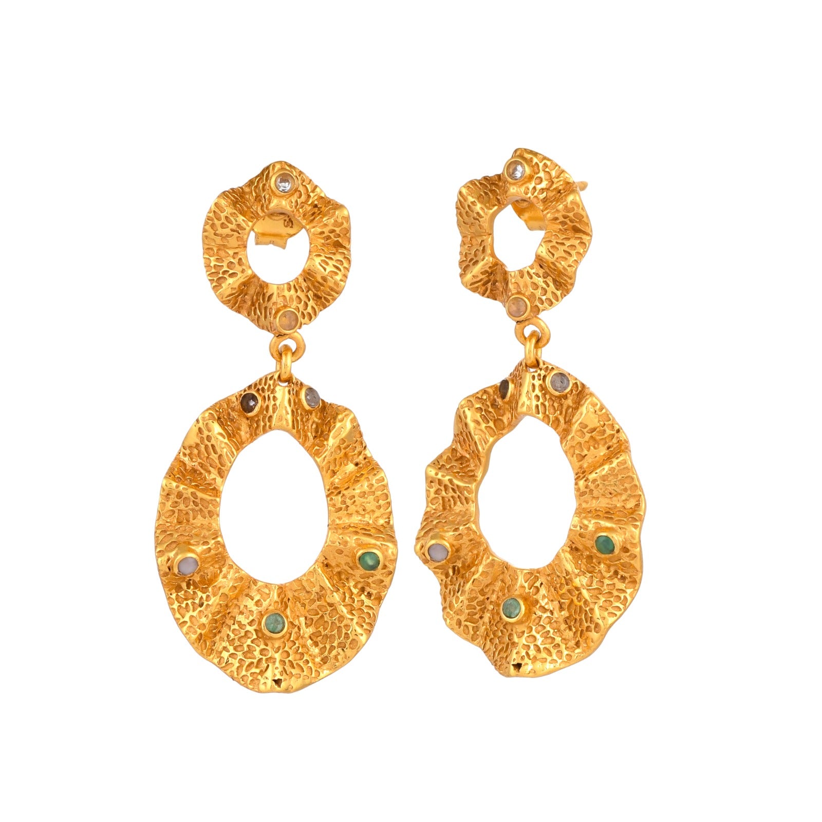 Ribbons & Lace sculptural ruffle drop earrings in 22K gold vermeil over recycled silver, featuring hand-set multi-gemstones and an artisan hammered texture.