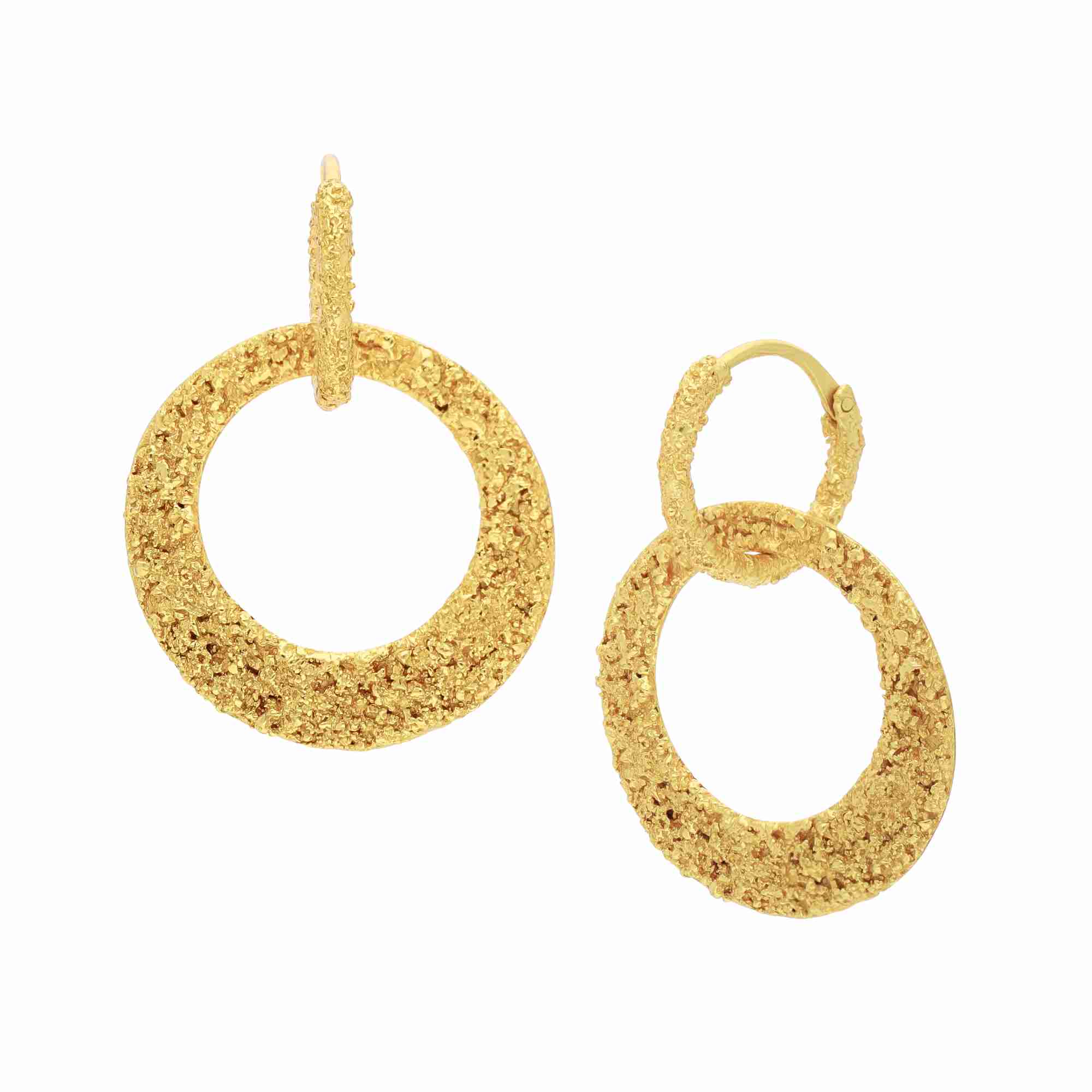 Ribbons & Lace Gold Statement Earrings; organic granulated texture featuring a circular hoop and drop design in 22K gold vermeil over 92.5 recycled silver.