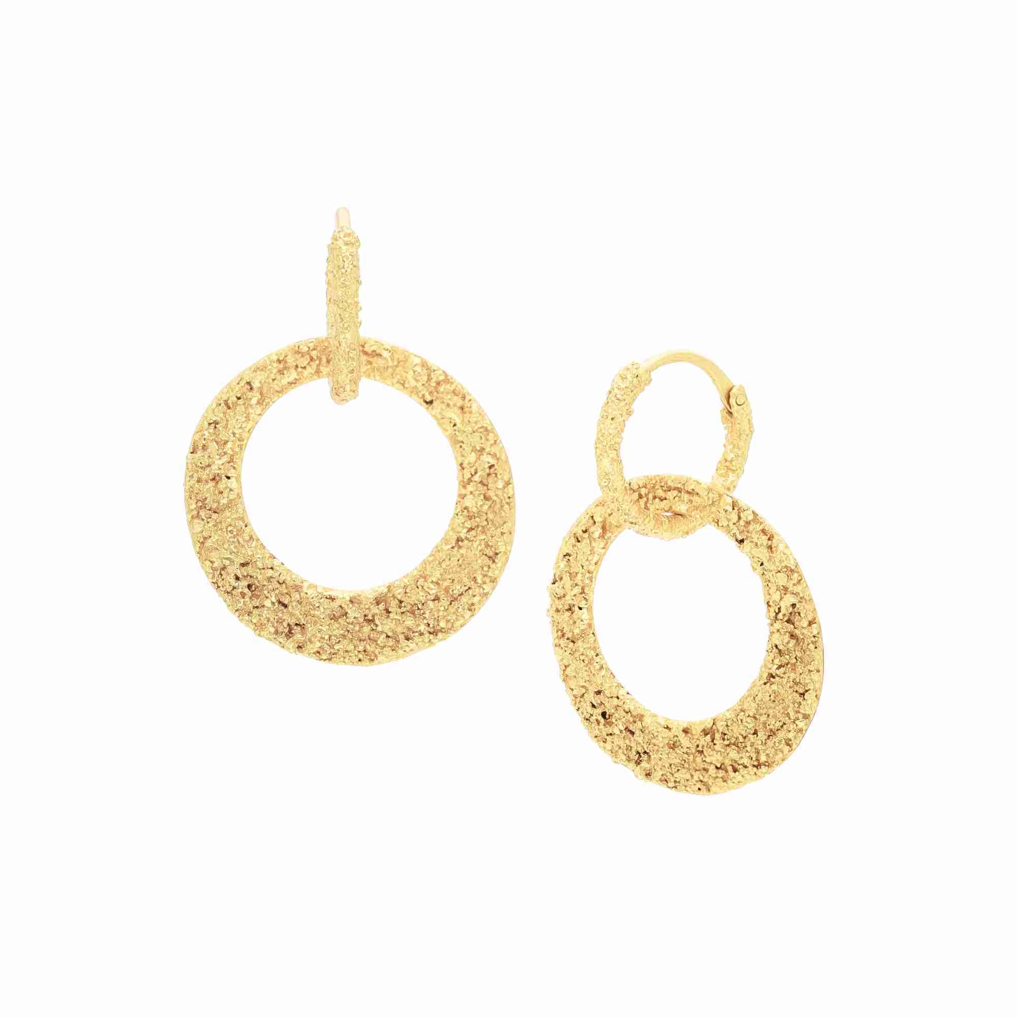 Ribbons & Lace Gold Statement Earrings; organic granulated texture featuring a circular hoop and drop design in 22K gold vermeil over 92.5 recycled silver.