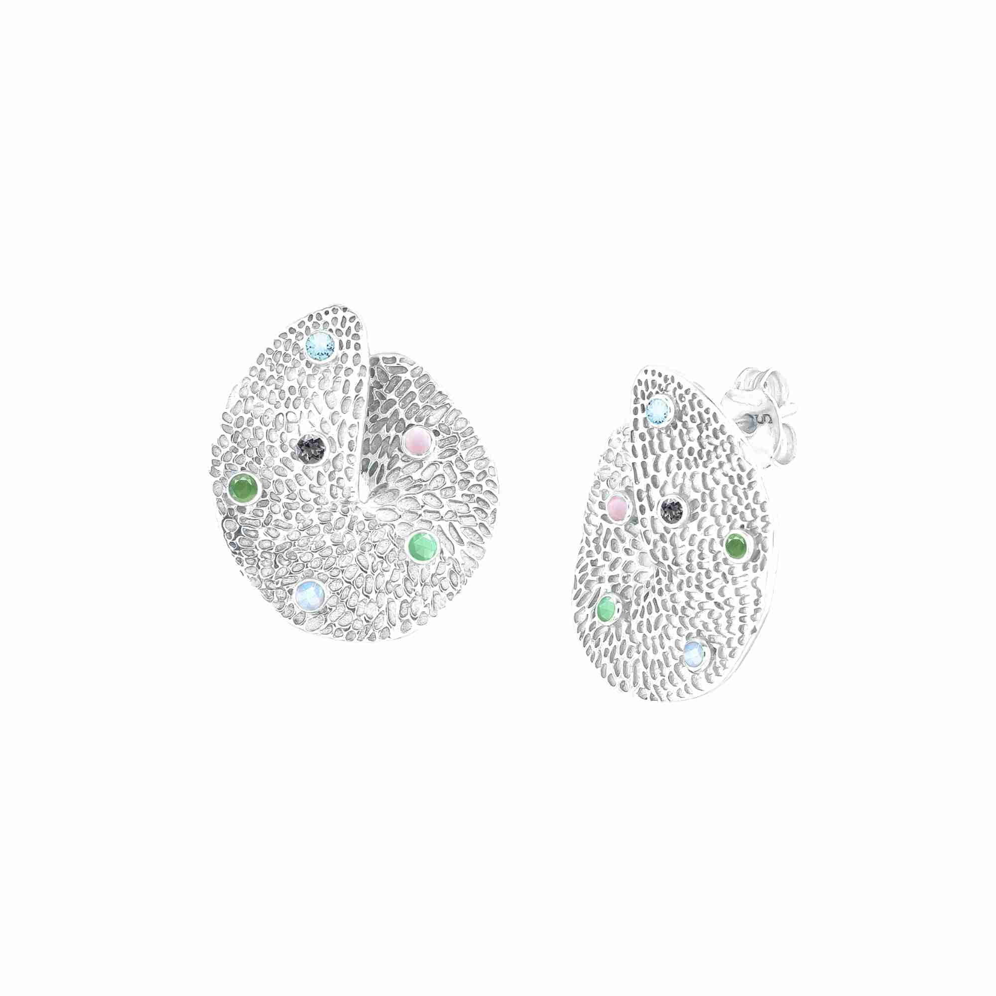 Ribbons and Lace Galaxy Silver Studs; hammered 92.5 silver earrings with colorful inset gemstones by Protsaah Zurich.
