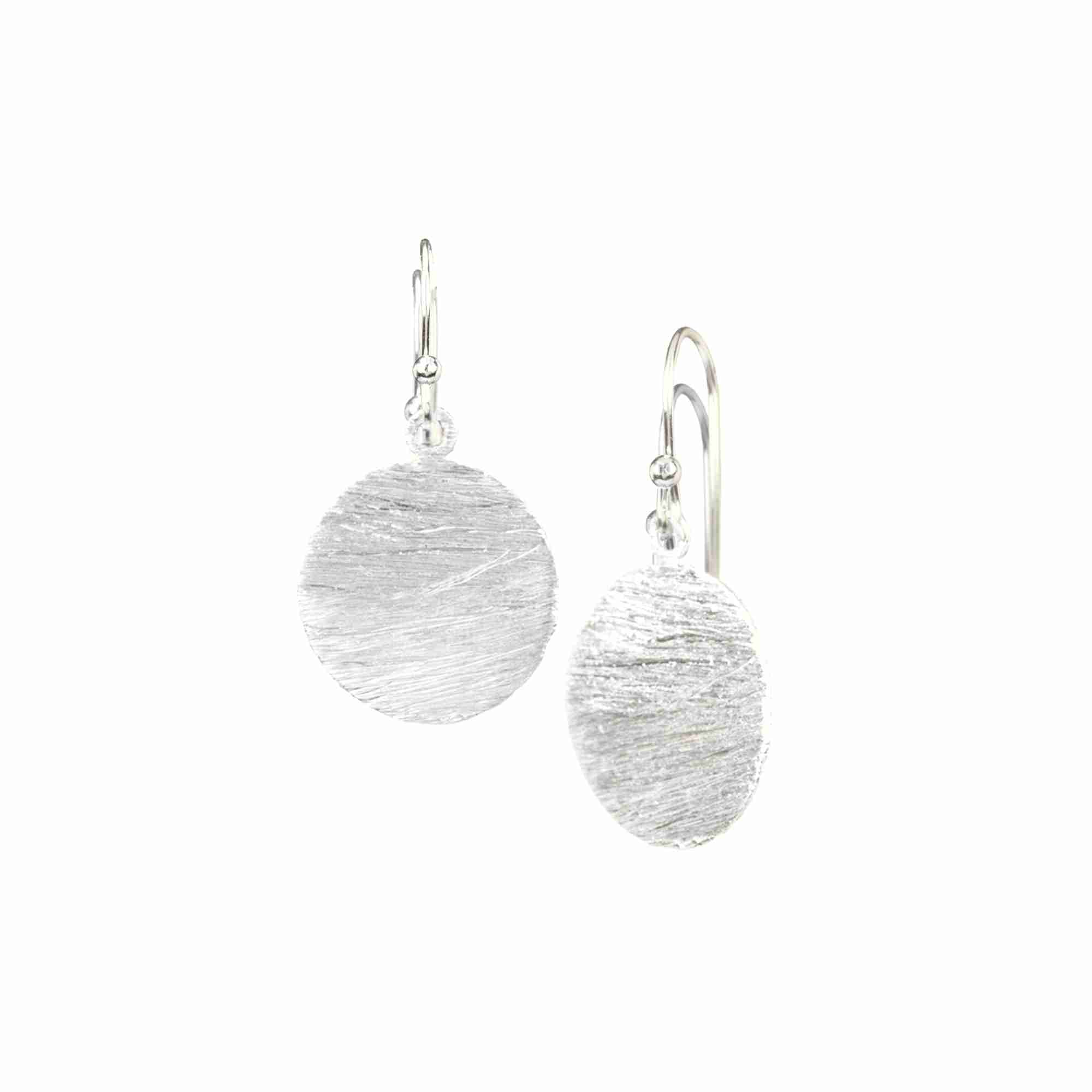 Shimmering Disks Silver Medium Drop Earrings; minimalist circular coin drops with a signature brushed-satin 92.5 recycled silver finish.