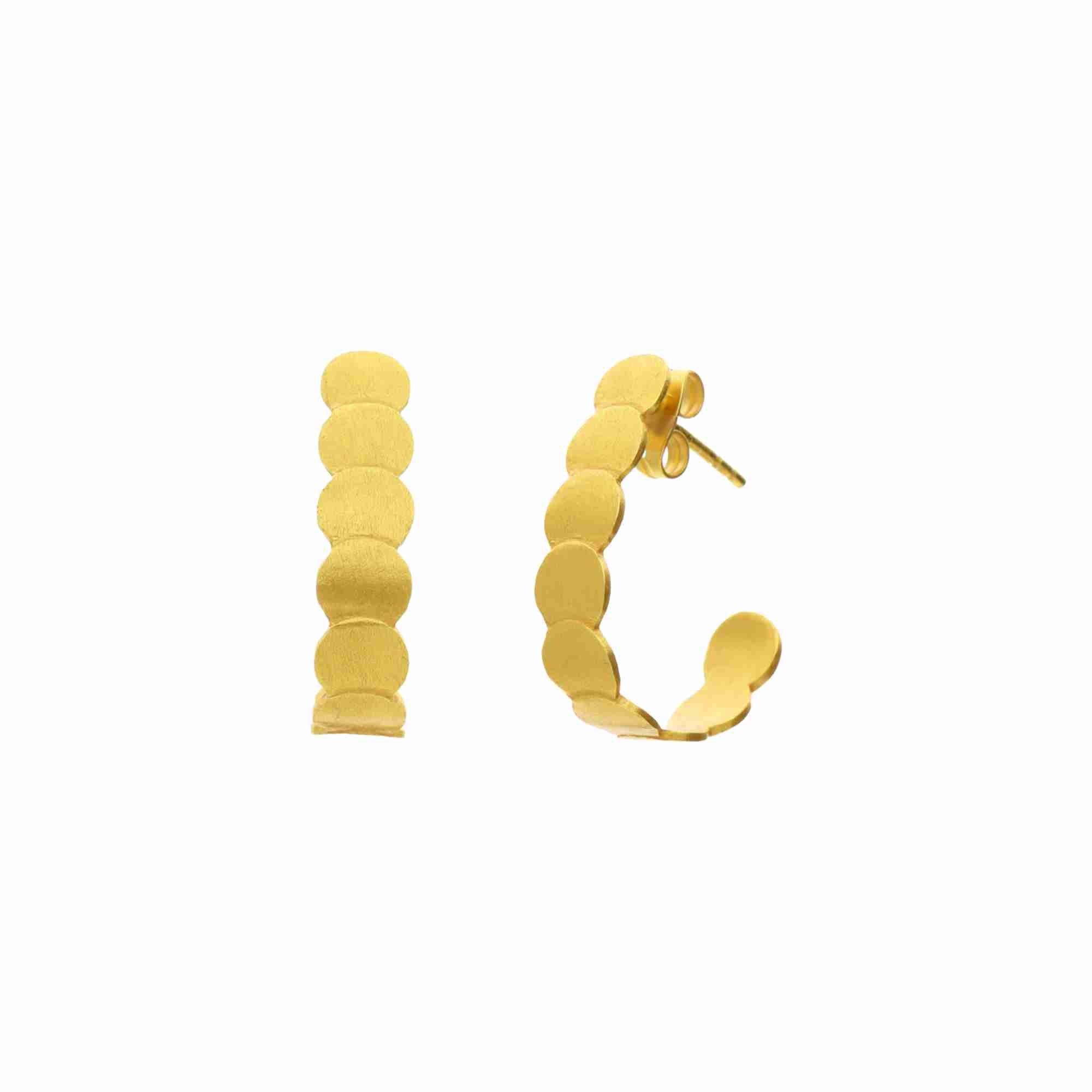 Shimmering Disks Cascading Gold Hoops; a vertical row of overlapping 22k gold plated circular plates with a signature brushed-satin texture.