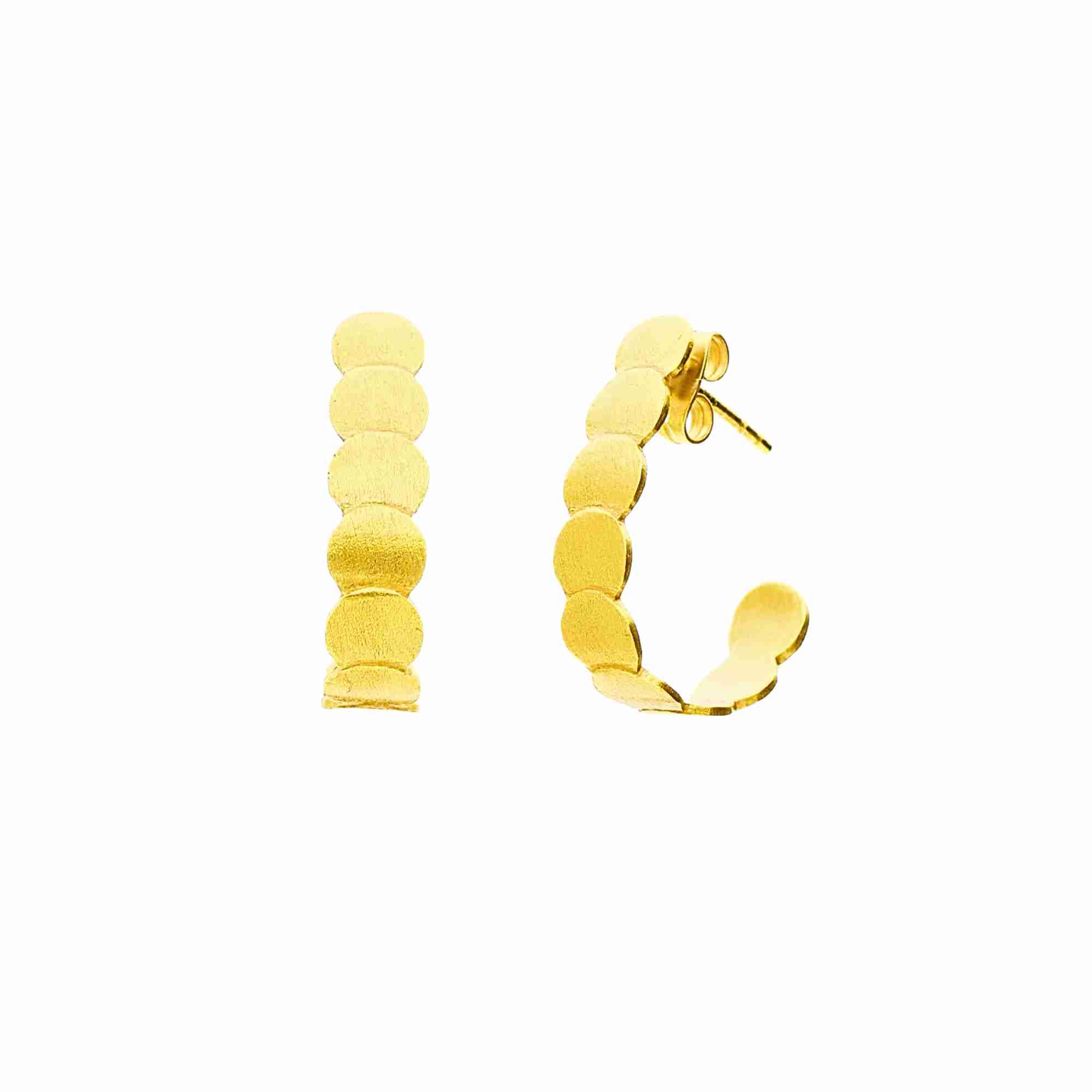 Shimmering Disks Cascading Gold Hoops; a vertical row of overlapping 22k gold plated circular plates with a signature brushed-satin texture.