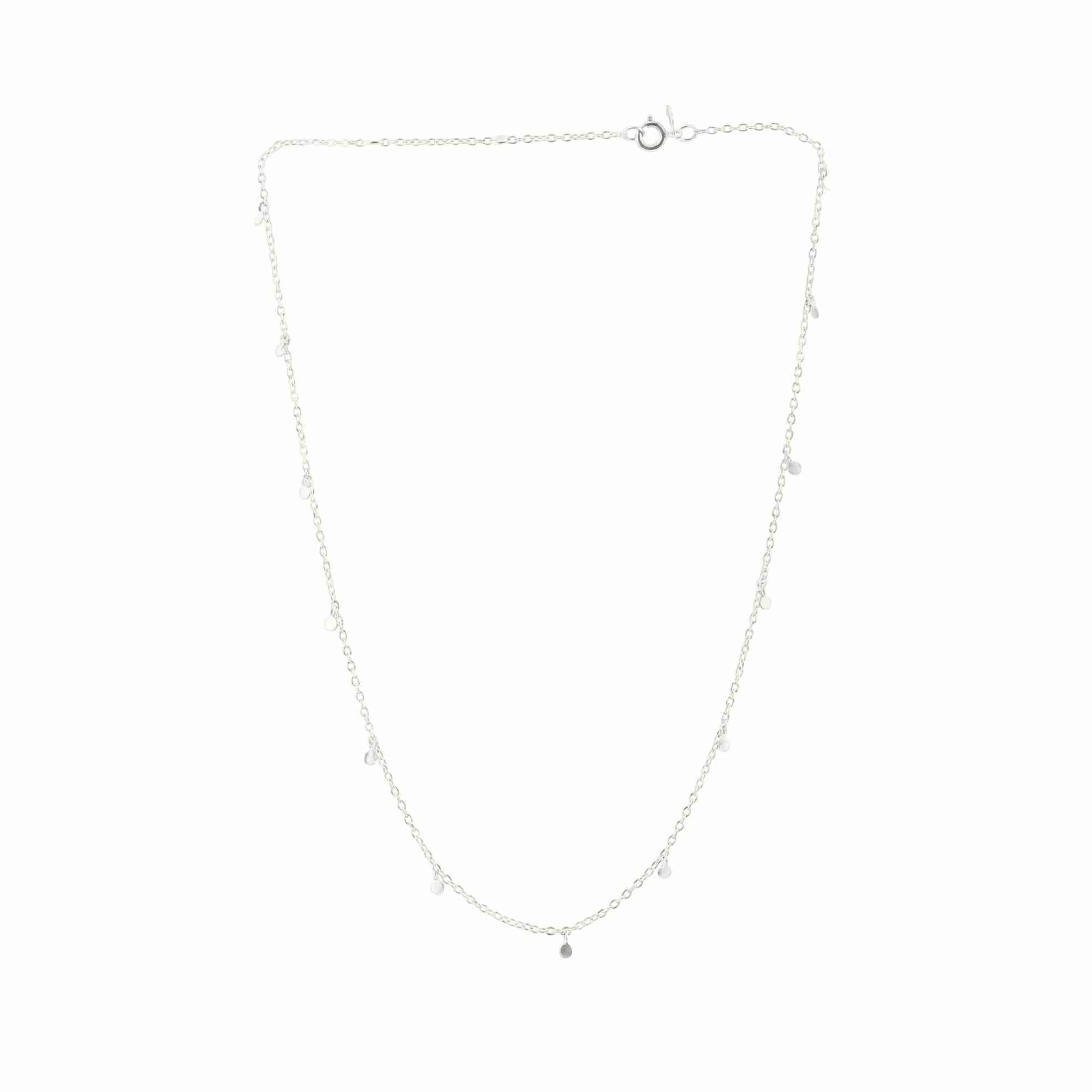 Shimmering Disks Constellation Disc Chain Necklace Silver — scattered scratch-finish disc charms on a 92.5 recycled silver cable chain by Protsaah Zurich.