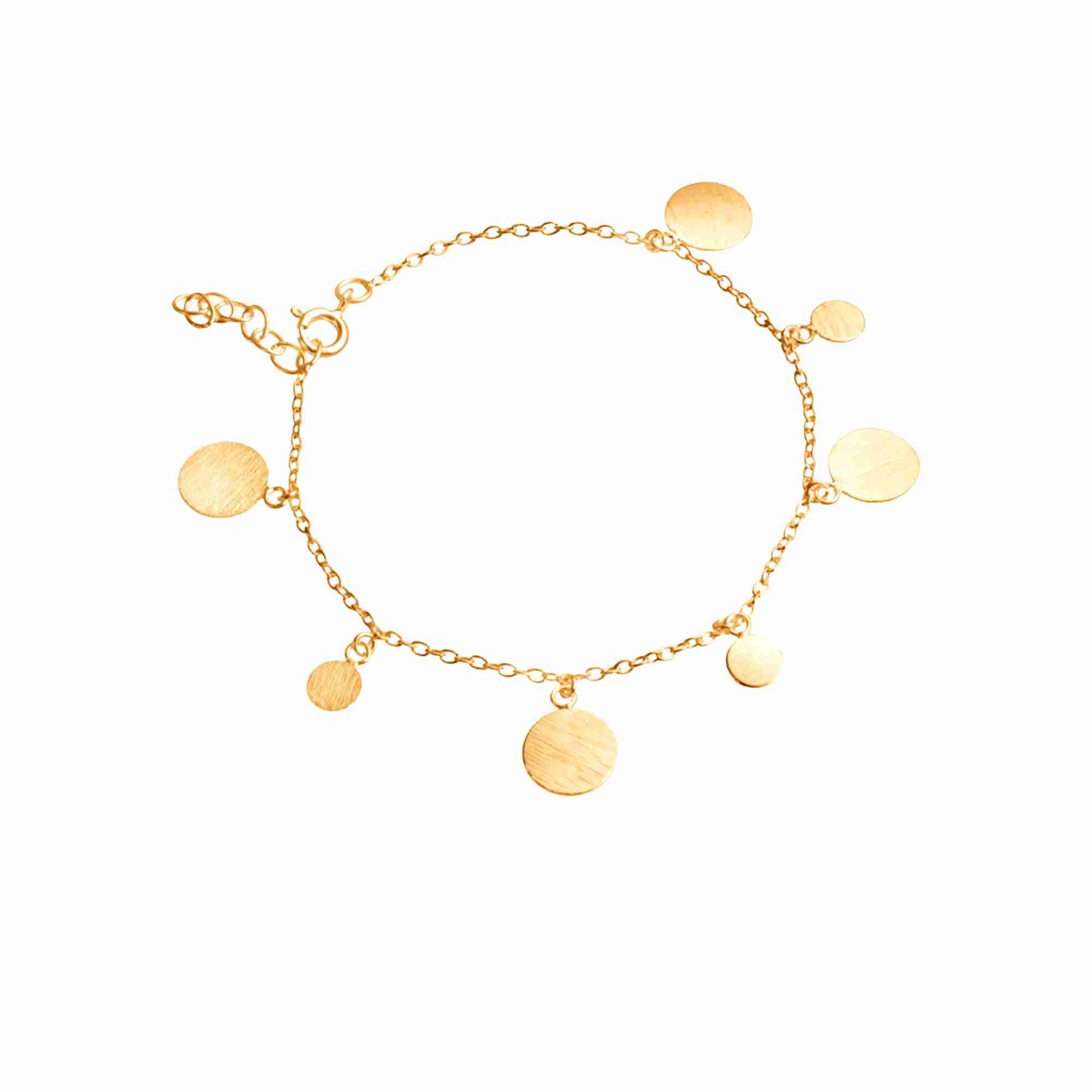Shimmering Disks Gold Chain Bracelet; delicate bracelet featuring textured circular disks and a signature brushed-satin finish over 92.5 recycled silver.