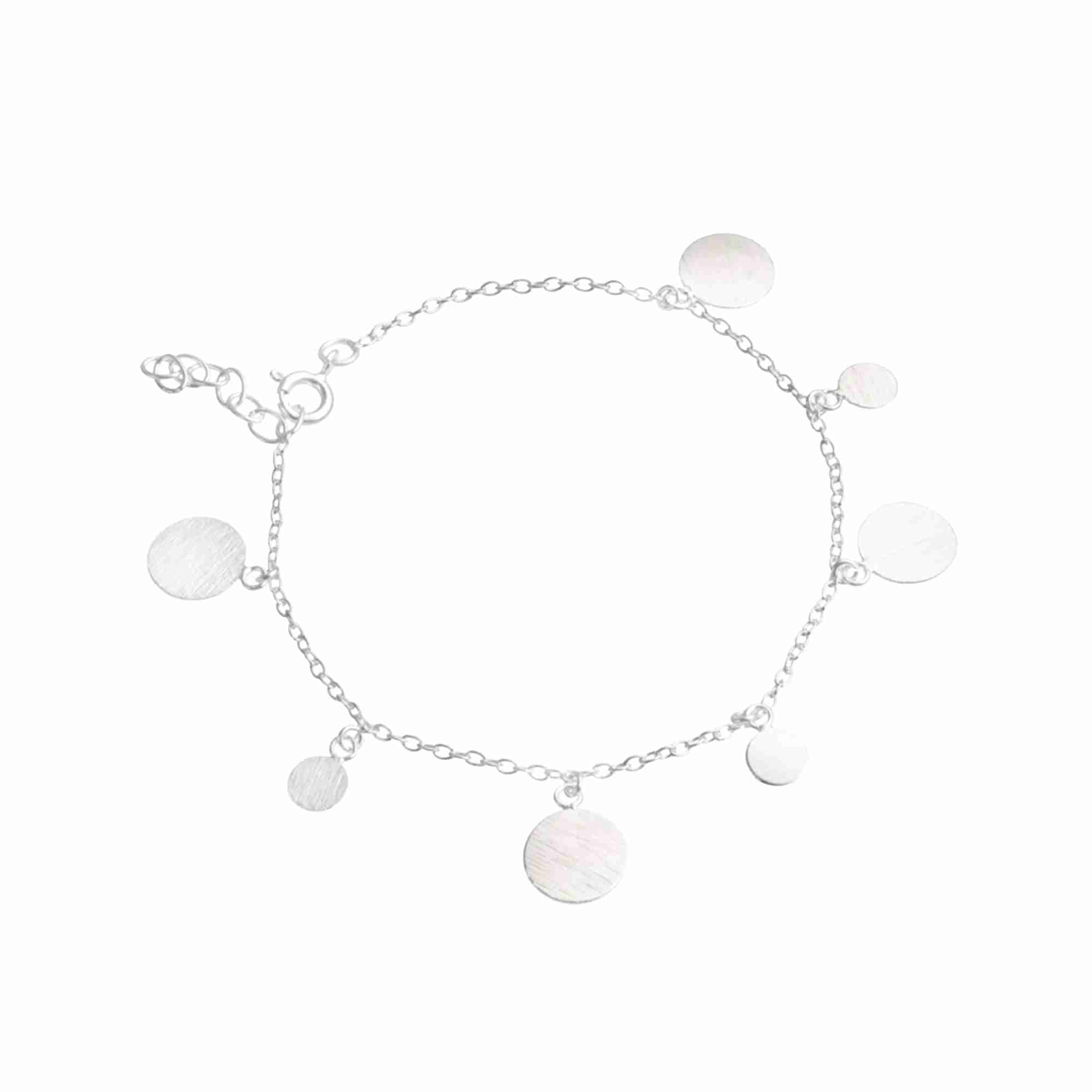 Shimmering Disks Silver Chain Bracelet; delicate bracelet featuring textured circular disks and a signature brushed-satin finish over 92.5 recycled silver.