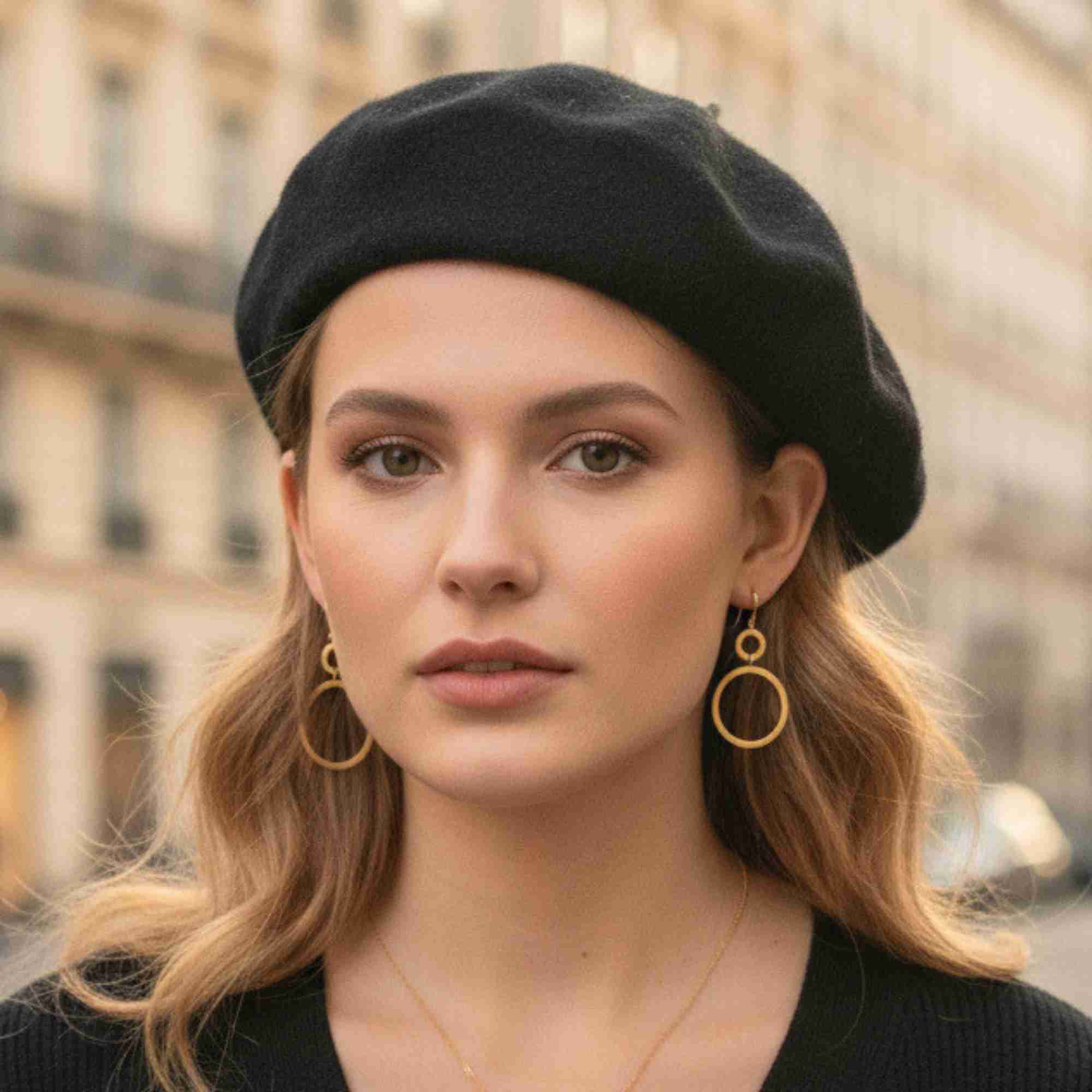 Model in a black beret wearing the Shimmering Disks Dual Circle Statement Earrings in gold, featuring two linked open circular rings dangling from french wire hooks.
