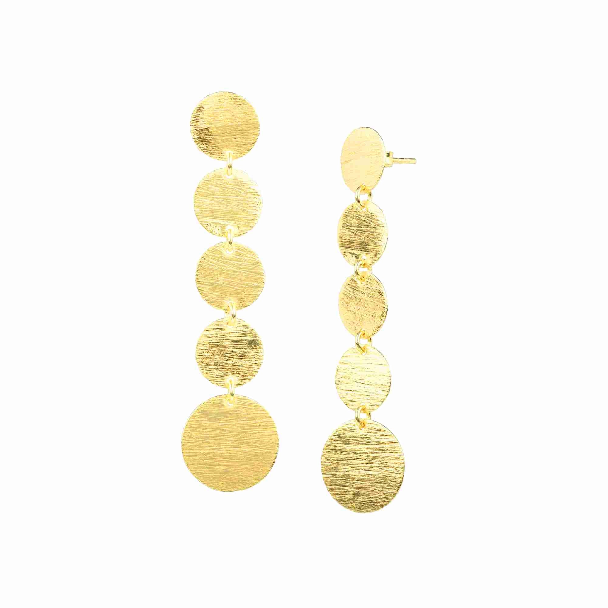Shimmering Disks Graduating Disc Cascade Statement Earrings Gold — vertical graduating four-disk drop with hand-applied scratch finish in 22K gold plated 925 Silver by Protsaah Zurich.
