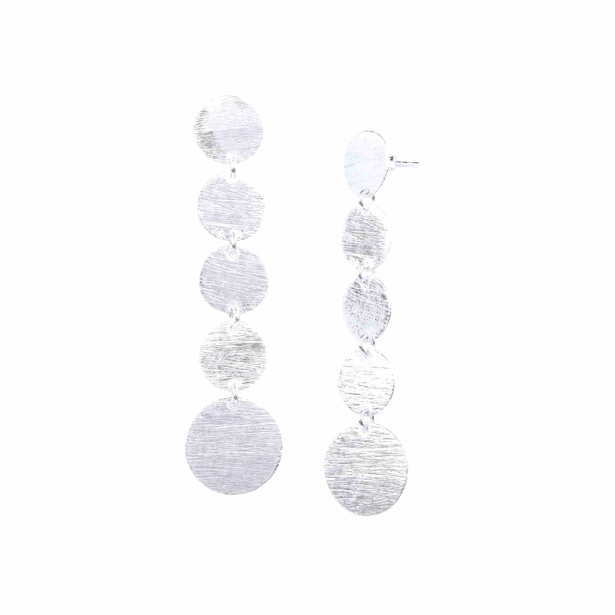 Shimmering Disks Silver Statement Earrings; architectural graduating multi-disk cascade design with a signature brushed-satin 92.5 recycled silver finish.