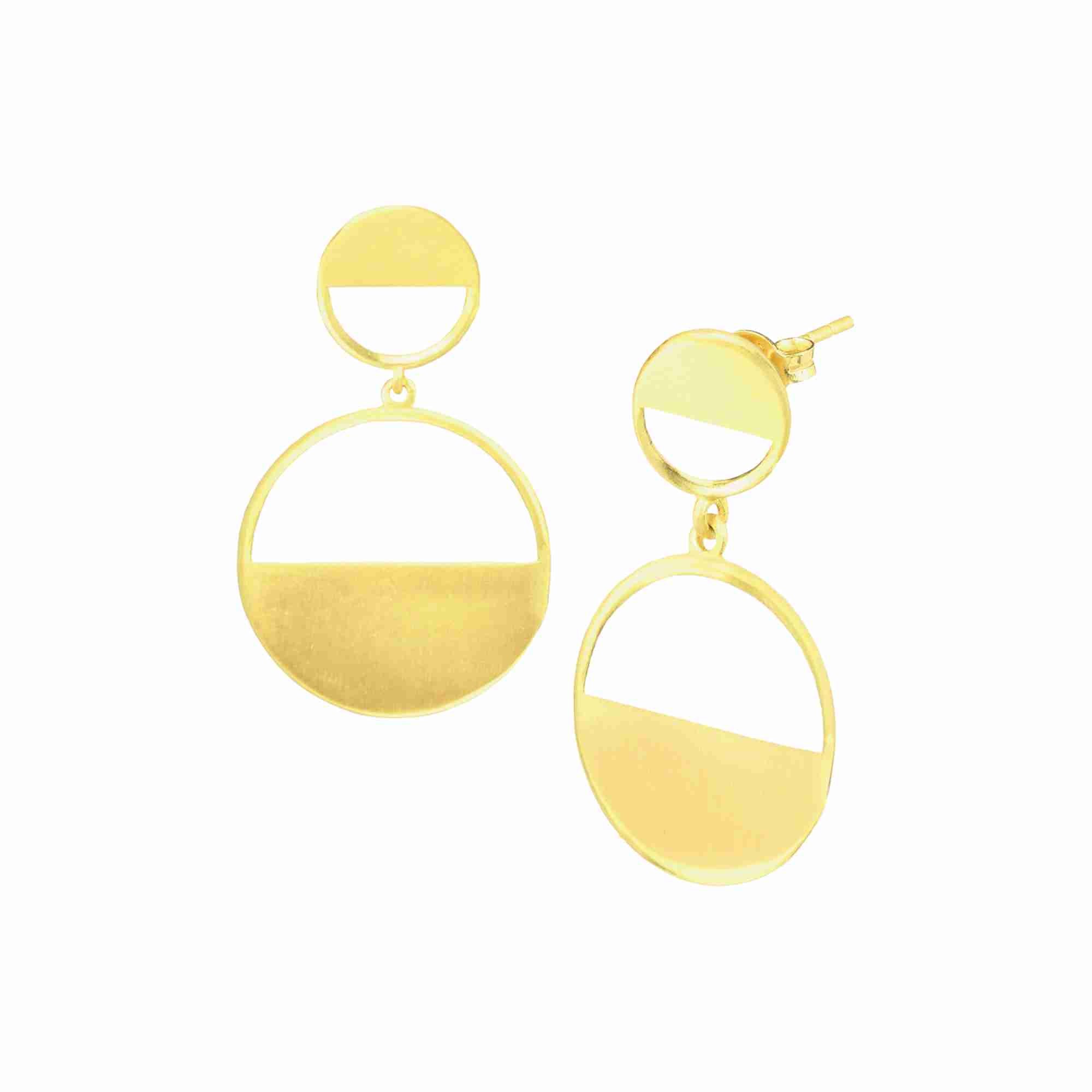 Shimmering Disks Horizon Duo Drop Statement Earrings Gold — half-circle duo drop with hand-applied scratch finish in 22K gold plated 925 Silver over 92.5 recycled silver by Protsaah Zurich.