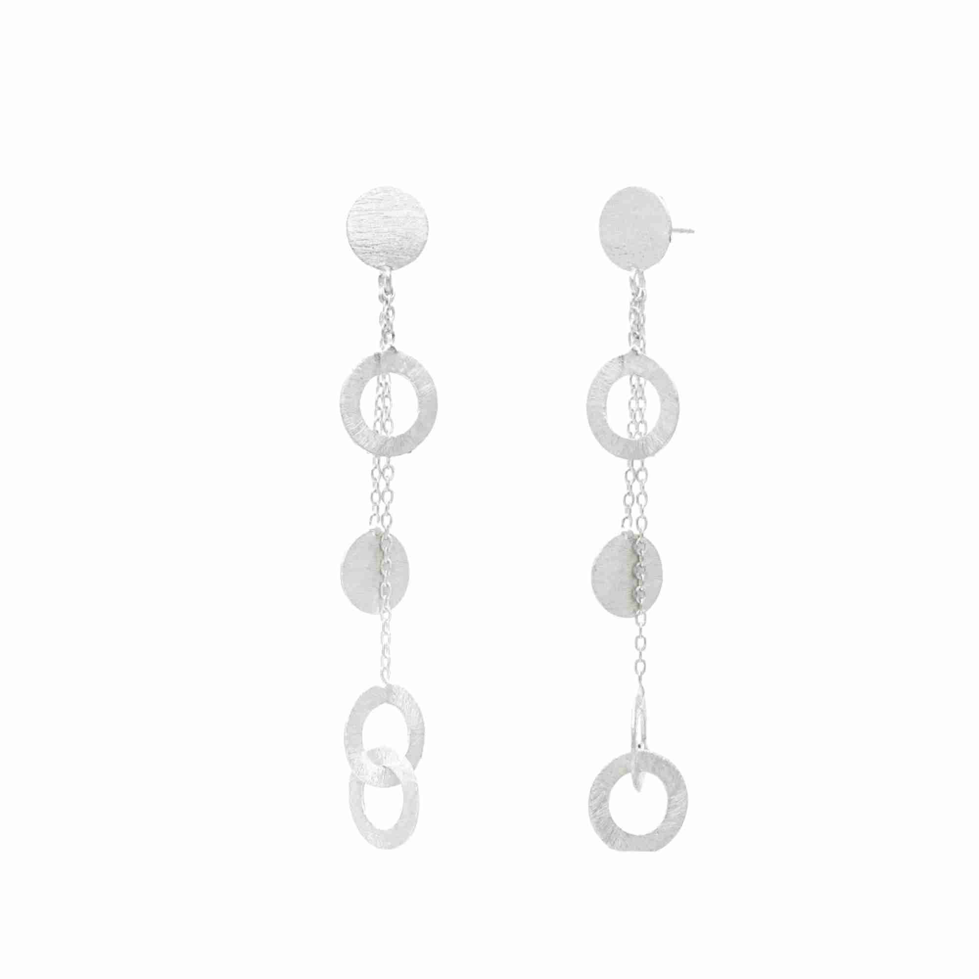 
Shimmering Disks Silver Statement Earrings; architectural interlinked disk and chain drop design with a signature brushed-satin 92.5 sterling silver finish.
