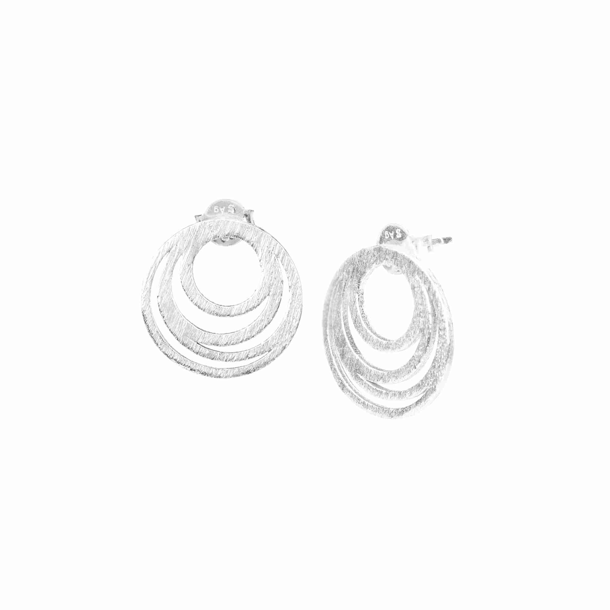 Shimmering Disks Intermingled Circles Stud Earrings Silver — concentric circular rings with a signature brushed satin finish in 92.5 recycled sterling silver by Protsaah Zurich.