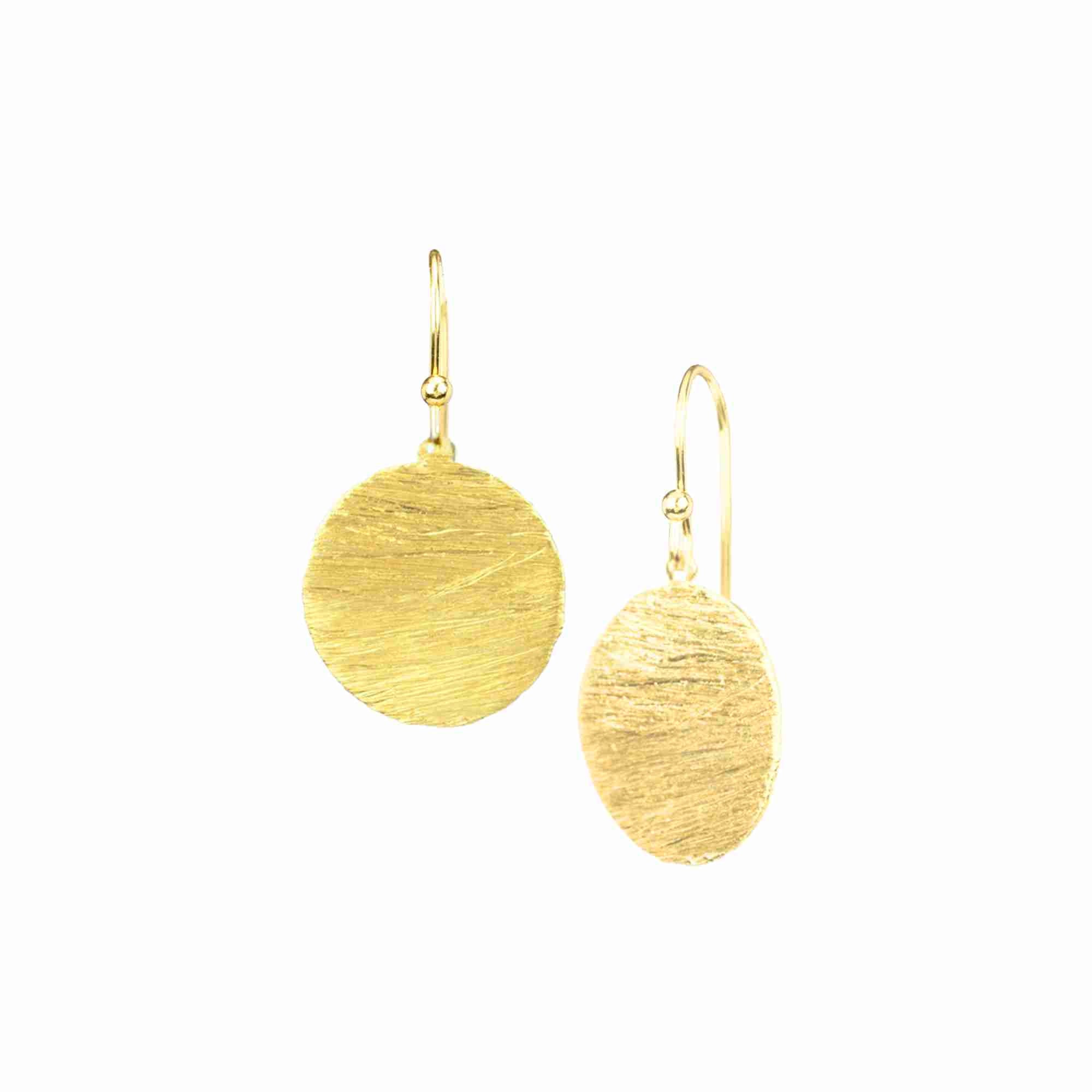 Shimmering Disks Minimalist Coin Drop Earrings Large Gold — circular coin drops with a signature brushed-satin 22K gold plated 925 Silver finish over 92.5 recycled silver by Protsaah Zurich.