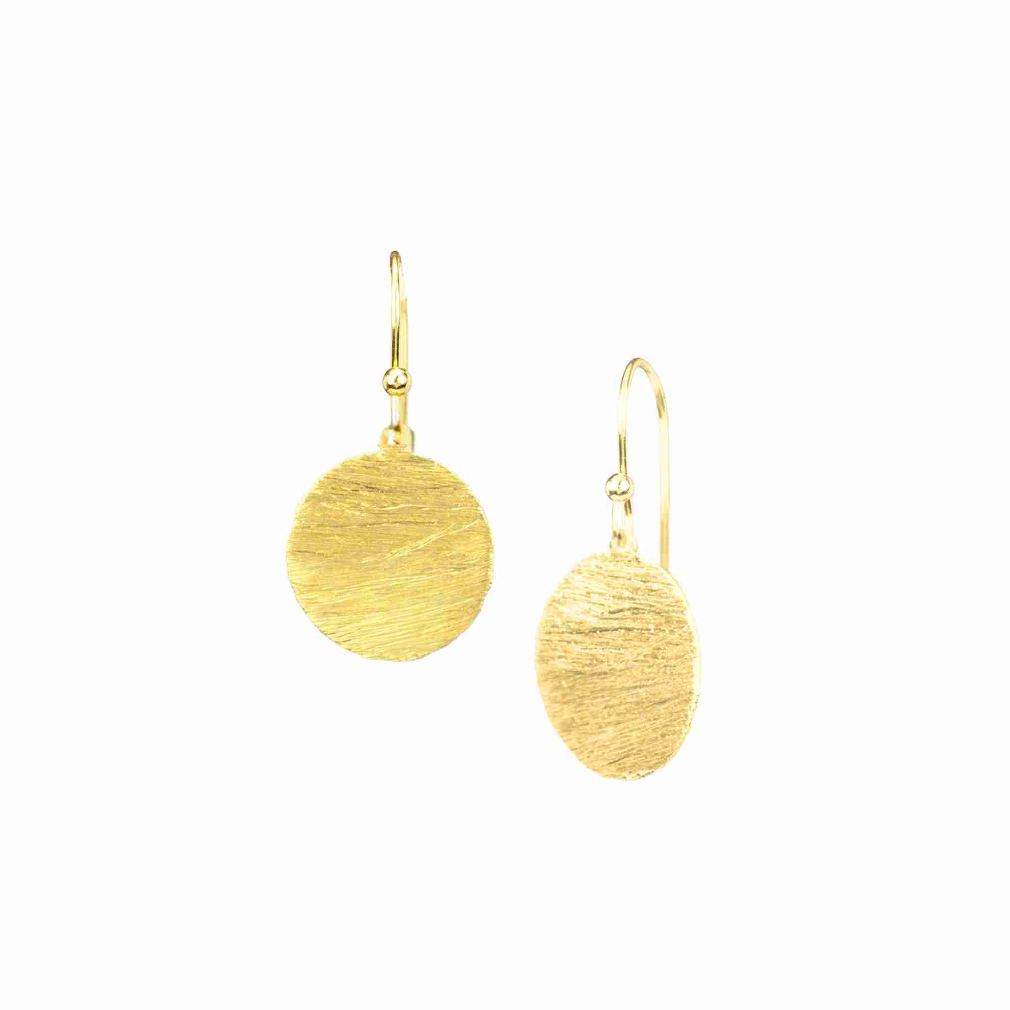 Shimmering Disks Minimalist Coin Drop Earrings Medium Gold — circular coin drops with a signature brushed-satin 22K gold plated 925 Silver finish over 92.5 recycled silver by Protsaah Zurich.