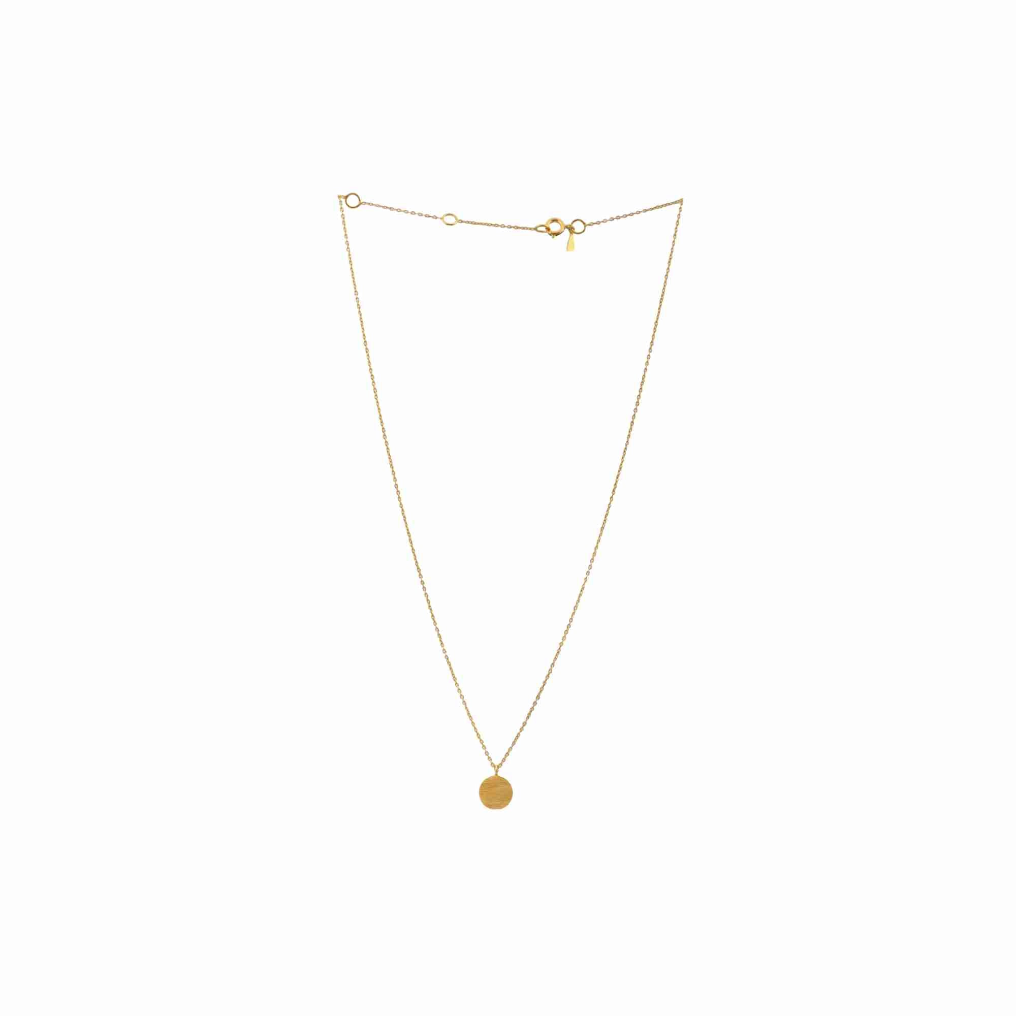 Shimmering Disks Gold Pendant Necklace; minimalist single 10mm disc design with a signature brushed-satin finish over 92.5 recycled silver.