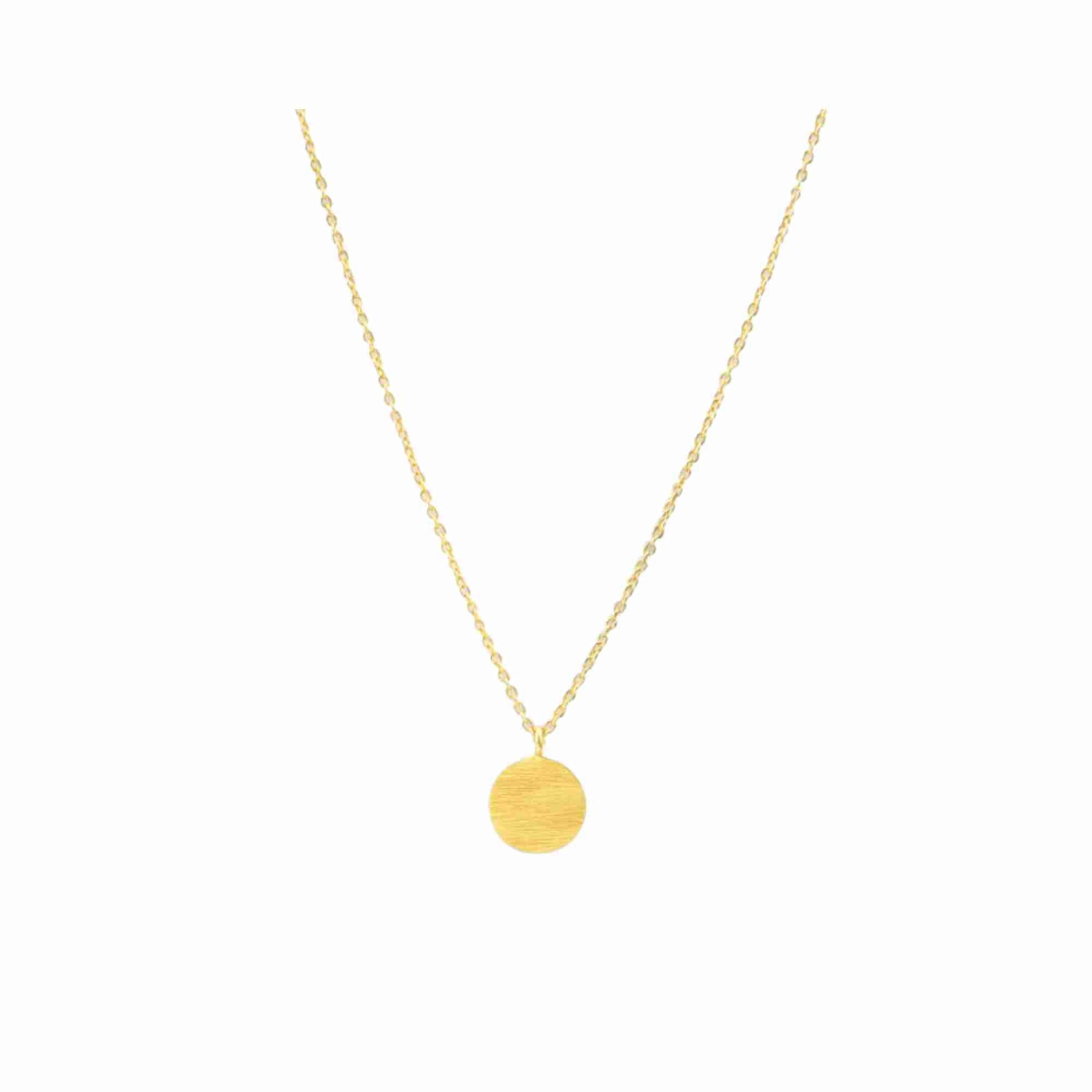 Shimmering Disks Gold Pendant Necklace; minimalist single 10mm disc design with a signature brushed-satin finish over 92.5 recycled silver.