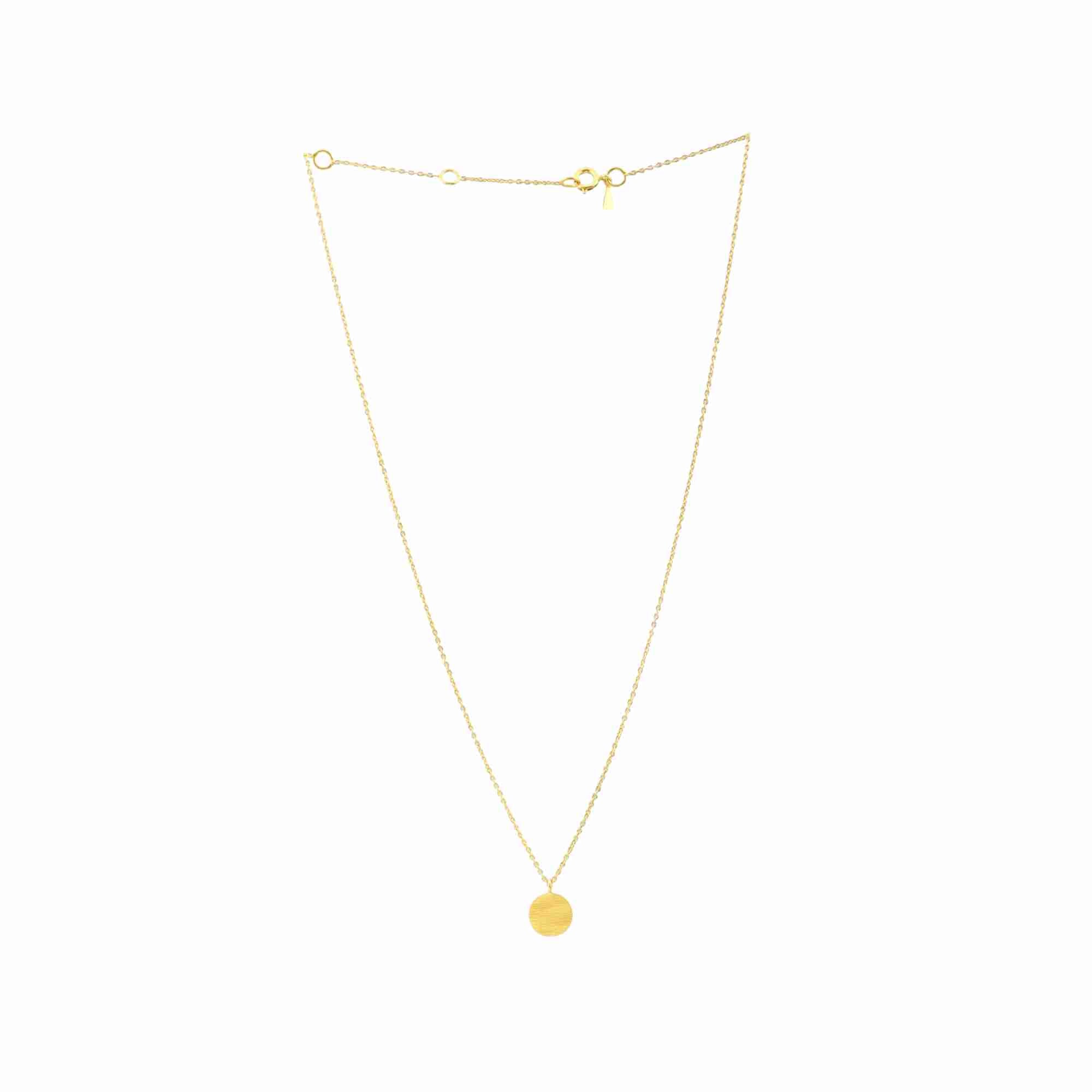 Shimmering Disks Gold Pendant Necklace; minimalist single 10mm disc design with a signature brushed-satin finish over 92.5 recycled silver.