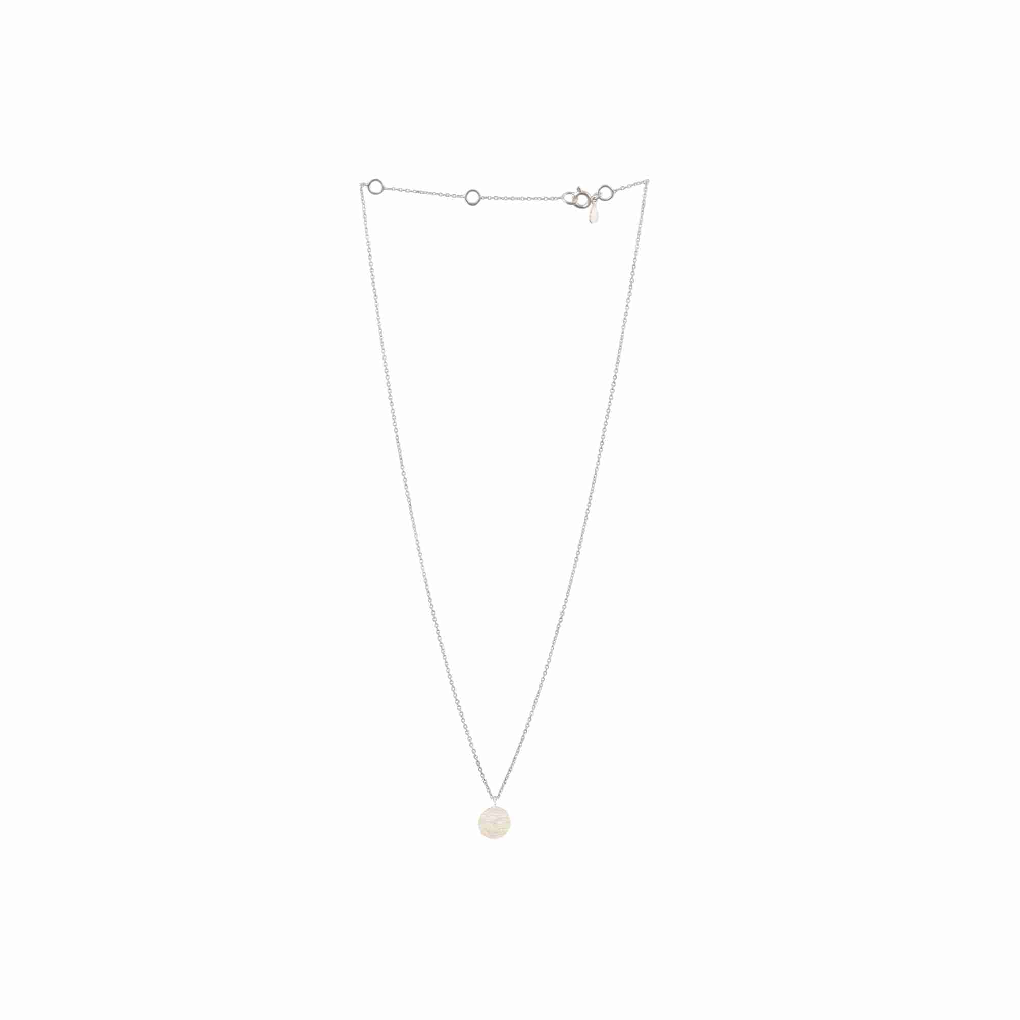 Shimmering Disks Silver Pendant Necklace; minimalist single 10mm disc design with a signature brushed-satin finish over 92.5 recycled silver.