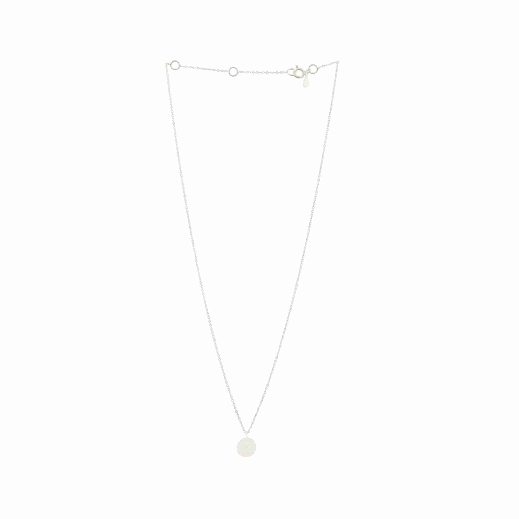 Shimmering Disks Silver Pendant Necklace; minimalist single 10mm disc design with a signature brushed-satin finish over 92.5 recycled silver.