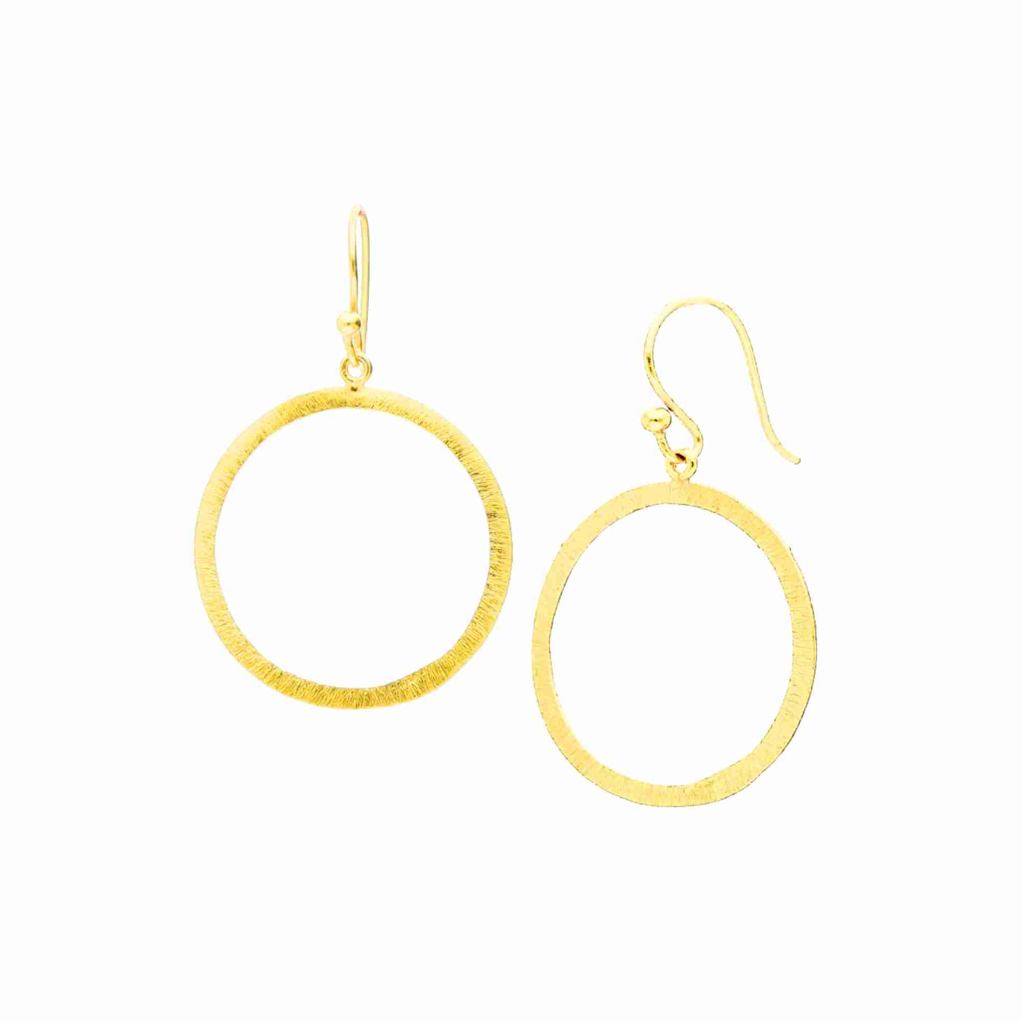 Shimmering Disks Open Circle Drop Earrings Gold — 44mm open-circle drop with hand-applied cross-hatch scratch finish in 92.5 recycled sterling silver by Protsaah Zurich.