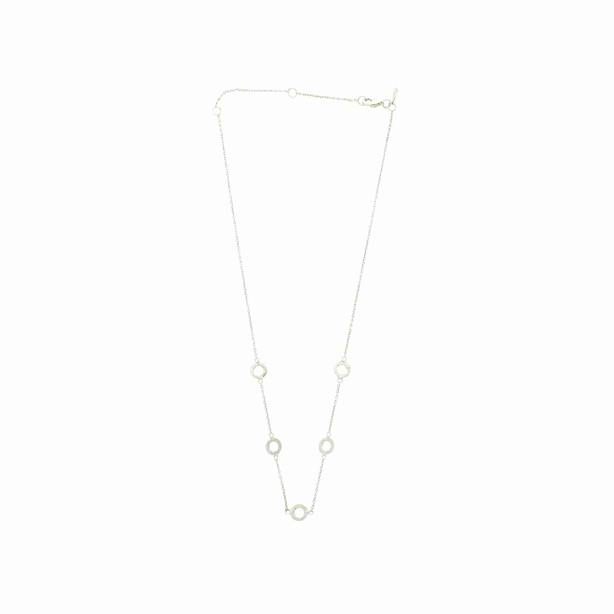 Shimmering Disks Silver Open Circle Necklace; five-station design with signature scratch-texture circles on a delicate 92.5 recycled silver cable chain.