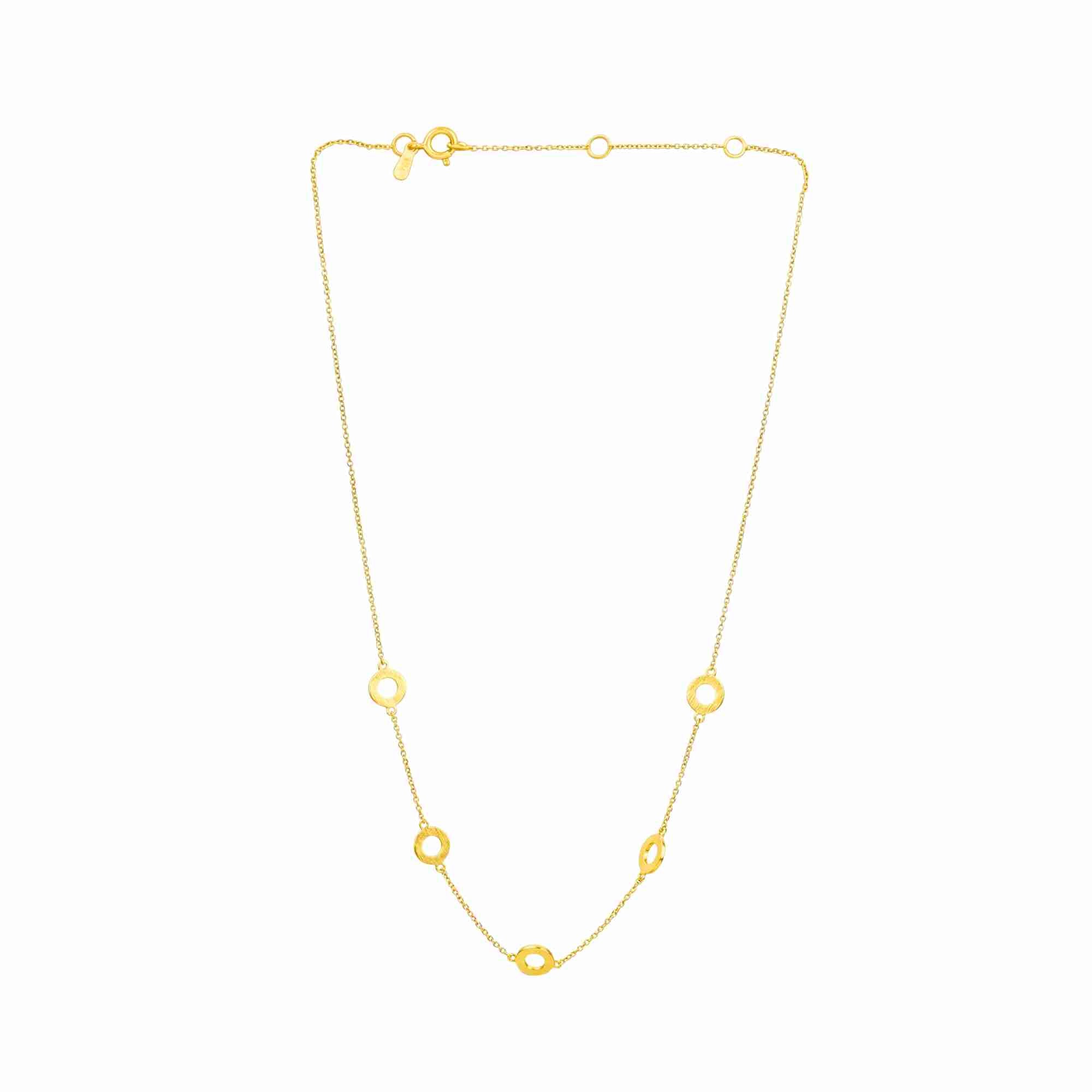 Protsaah Zurich Shimmering Disks gold open circles choker necklace featuring five architectural rings with a hand-applied brushed-satin scratch finish in 22K gold plated 925 Silver over 92.5 recycled silver.