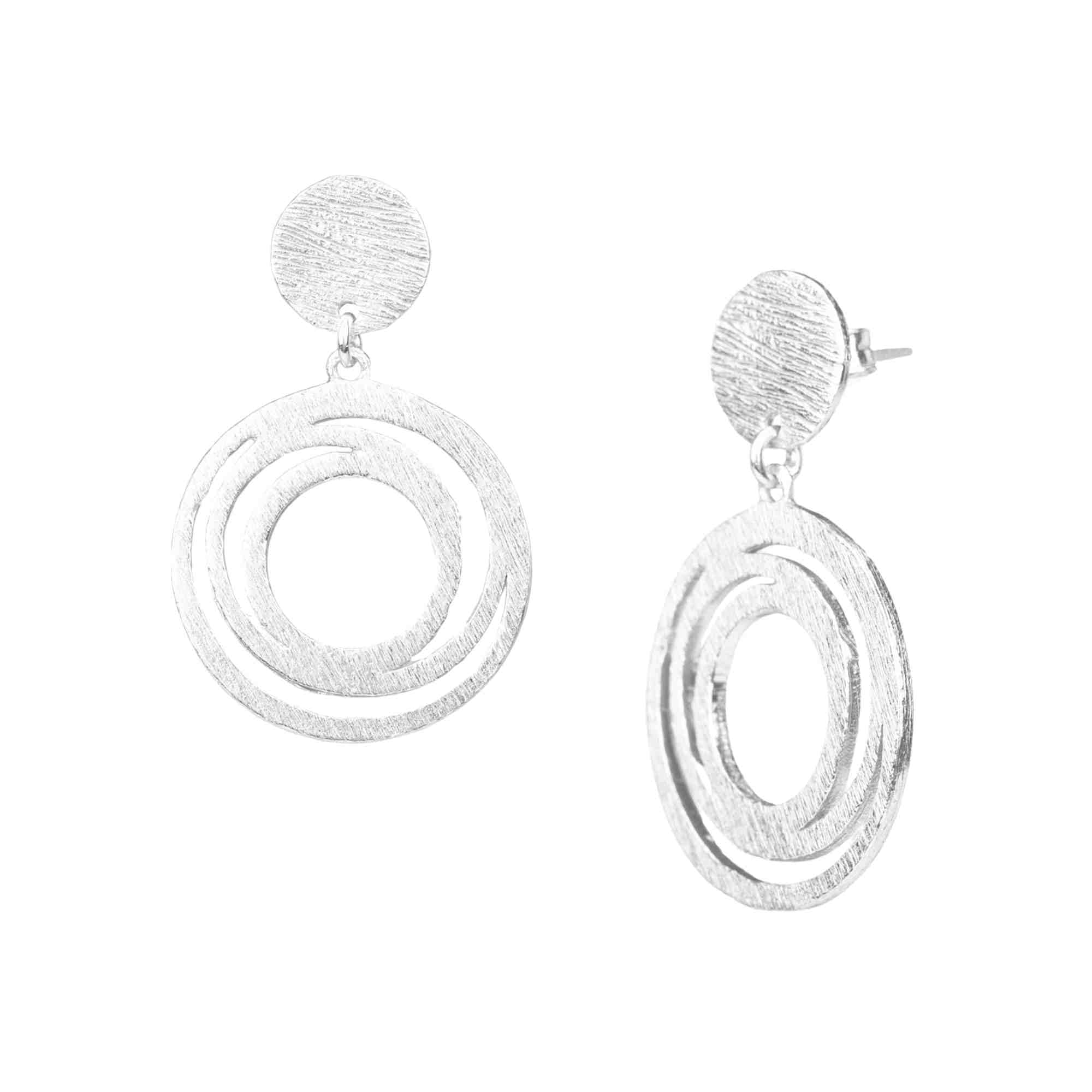 
Shimmering Disks Orbital Swirl Drop Statement Earrings Silver — disc stud  with triple orbital swirl drop in 92.5 recycled silver by Protsaah Zurich.
