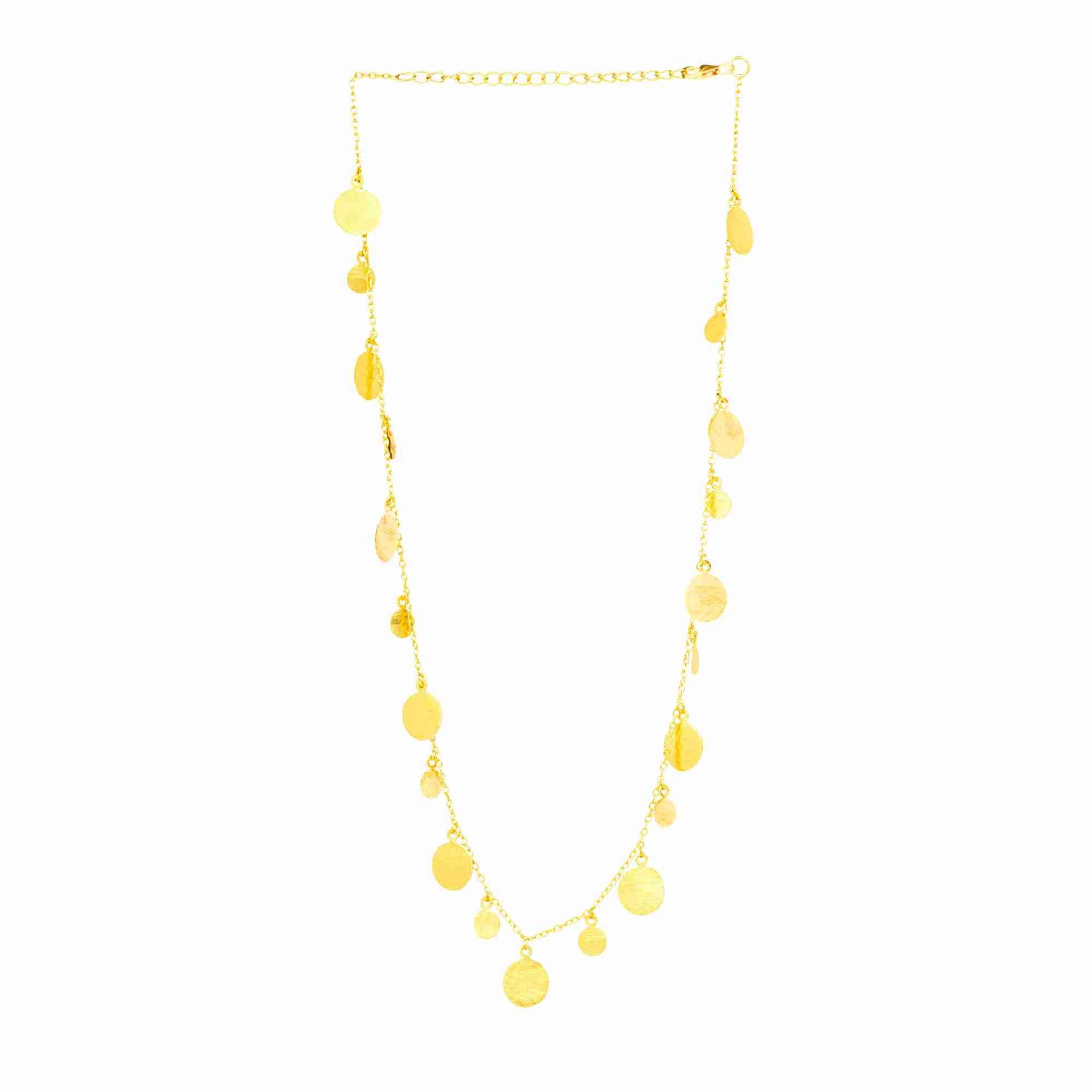 Shimmering Disks Gold Station Necklace; long chain necklace with multiple circular disks in a signature brushed-satin finish over 92.5 recycled silver.