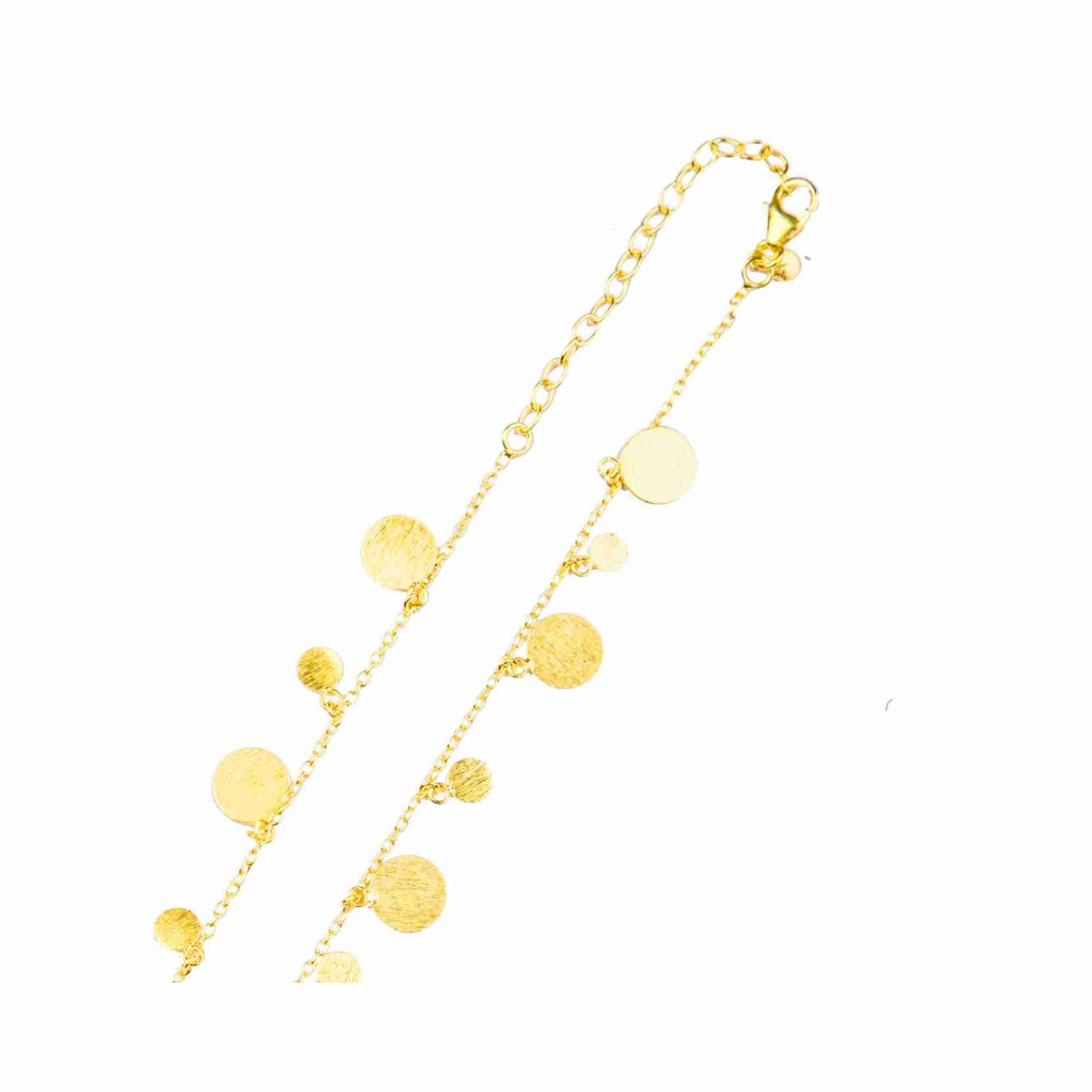 Isolated product shot named Shimmering Disks (65).jpg highlighting the lobster clasp, extender chain, and textured surface finish of the multi-sized circular charms on the Shimmering Disks Scattered Statement Necklace Gold against a bright white background by Protsaah Zurich.