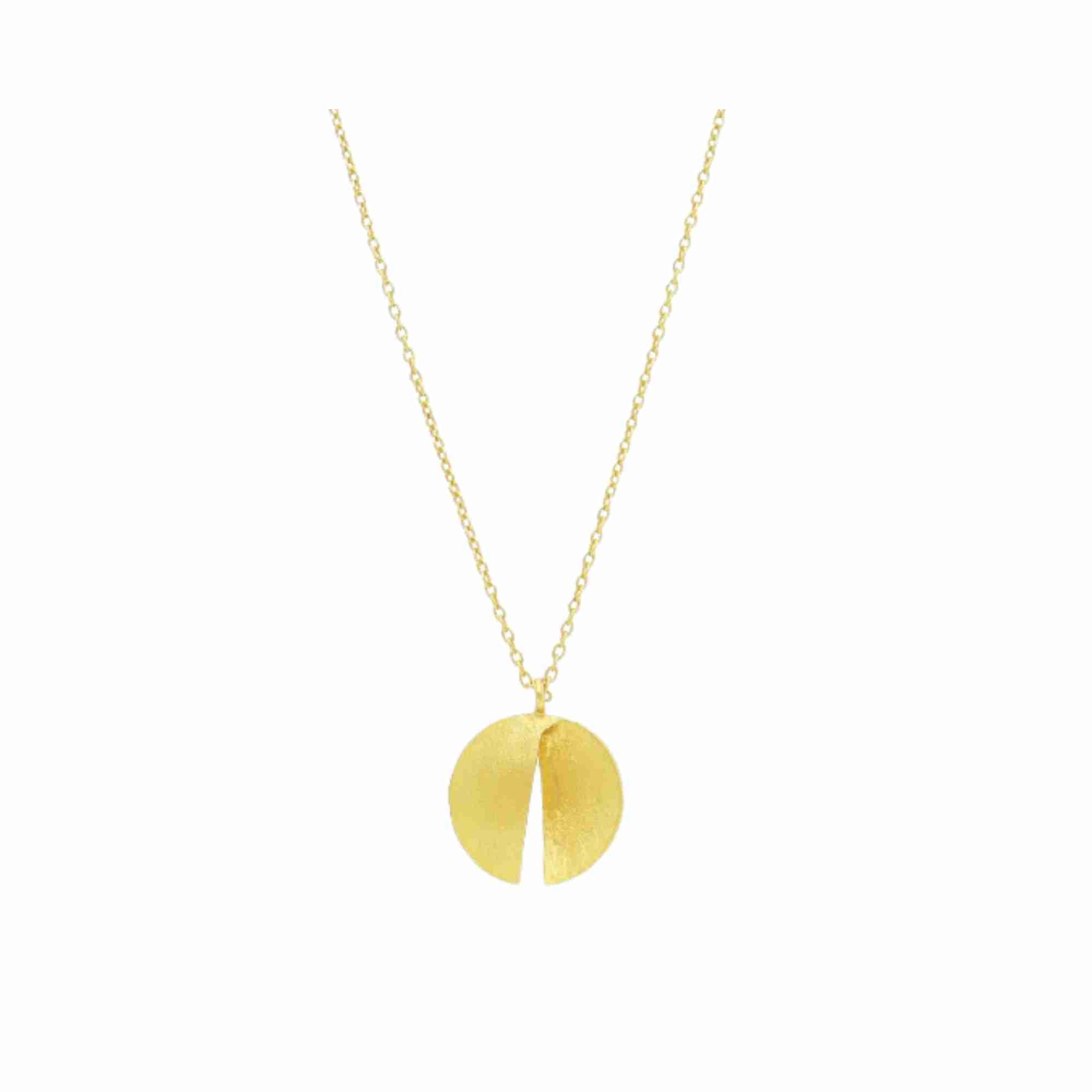 Gold Split-Disc Pendant Necklace; circular folded pendant in 22K gold plated 925 Silver with a brushed-satin finish and adjustable chain, by Protsaah Zurich.recycled silver.