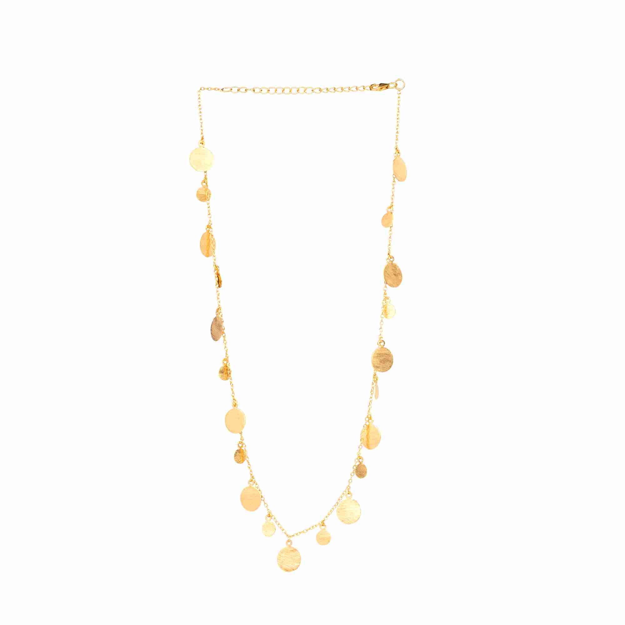 
Shimmering Disks Gold Station Necklace; long chain necklace with multiple circular disks in a signature brushed-satin finish over 92.5 recycled silver.
