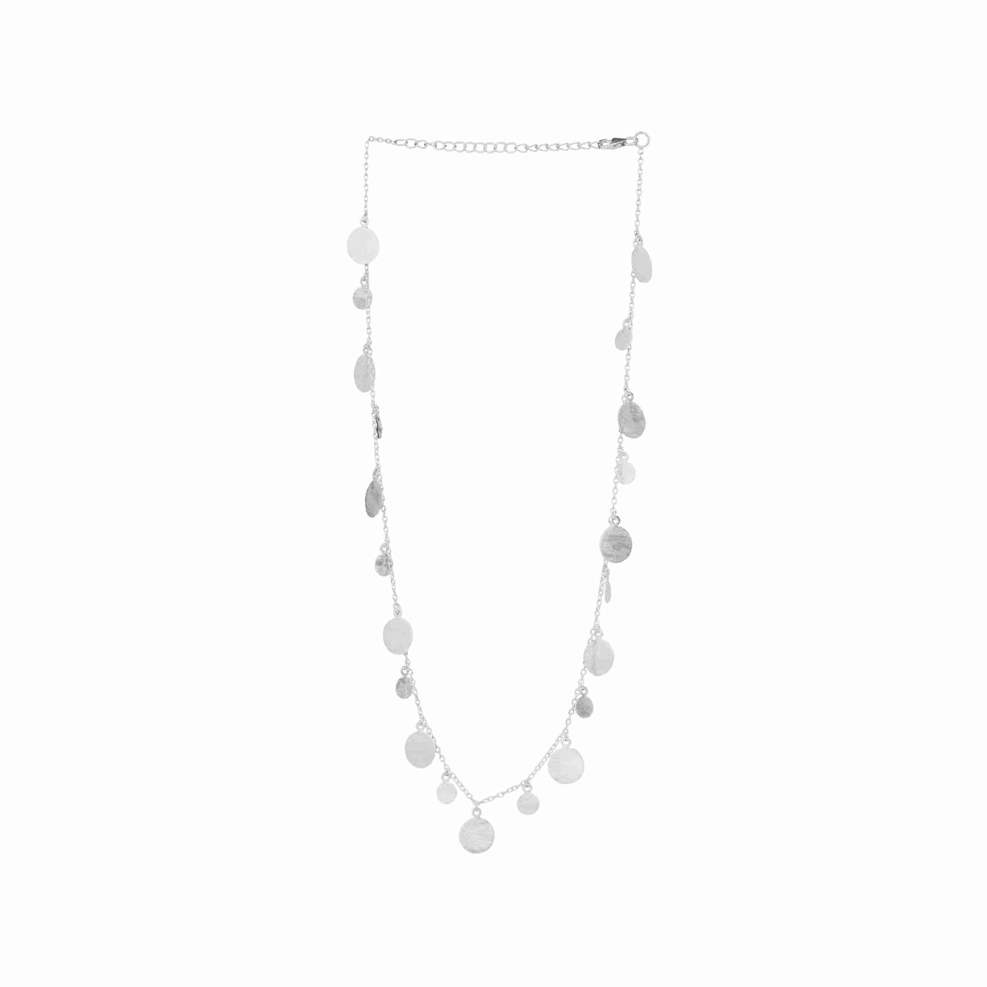 Shimmering Disks Silver Station Necklace; long chain necklace with multiple circular disks and a signature brushed-satin finish over 92.5 recycled silver.