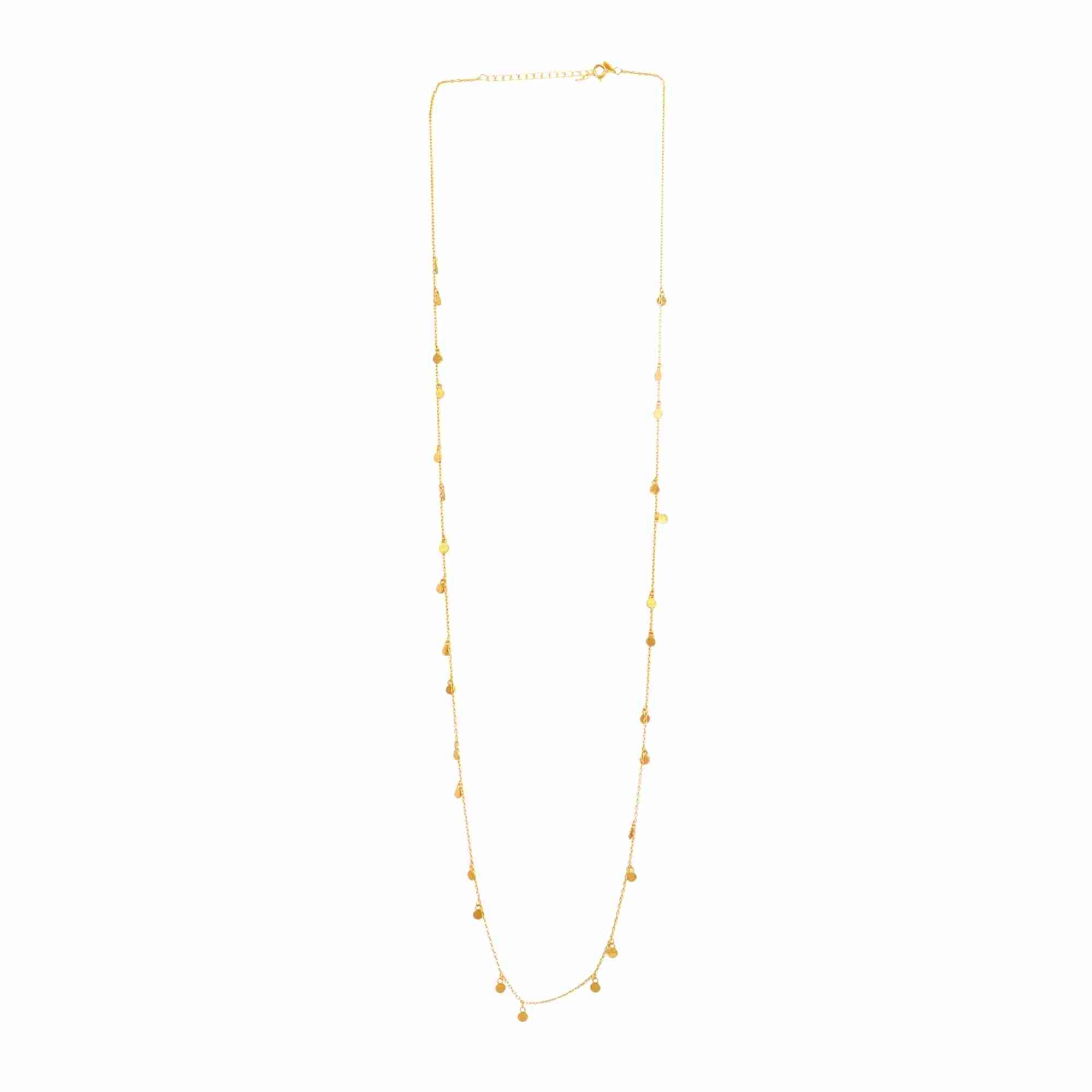 Full-length studio product shot on a plain white background, displaying the entire gold Shimmering Disks Textured Long Layering Necklace with its top clasp closure and evenly scattered disk charms.