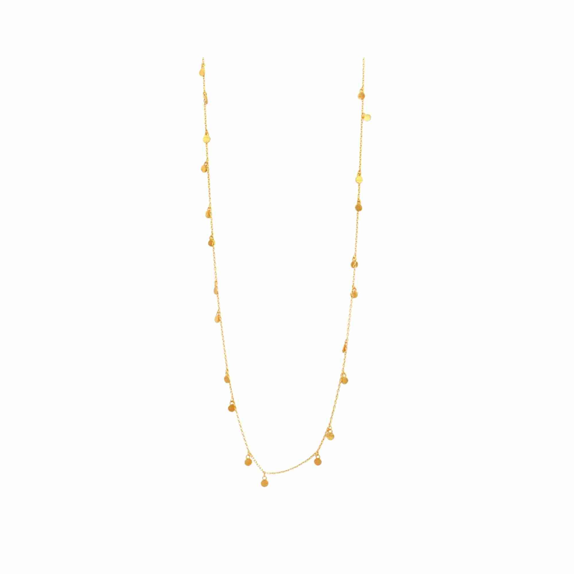 Cropped studio product view on a clean white background, showcasing the lower loop of the gold Shimmering Disks Textured Long Layering Necklace with small circular disk charms dangling along a fine gold chain.