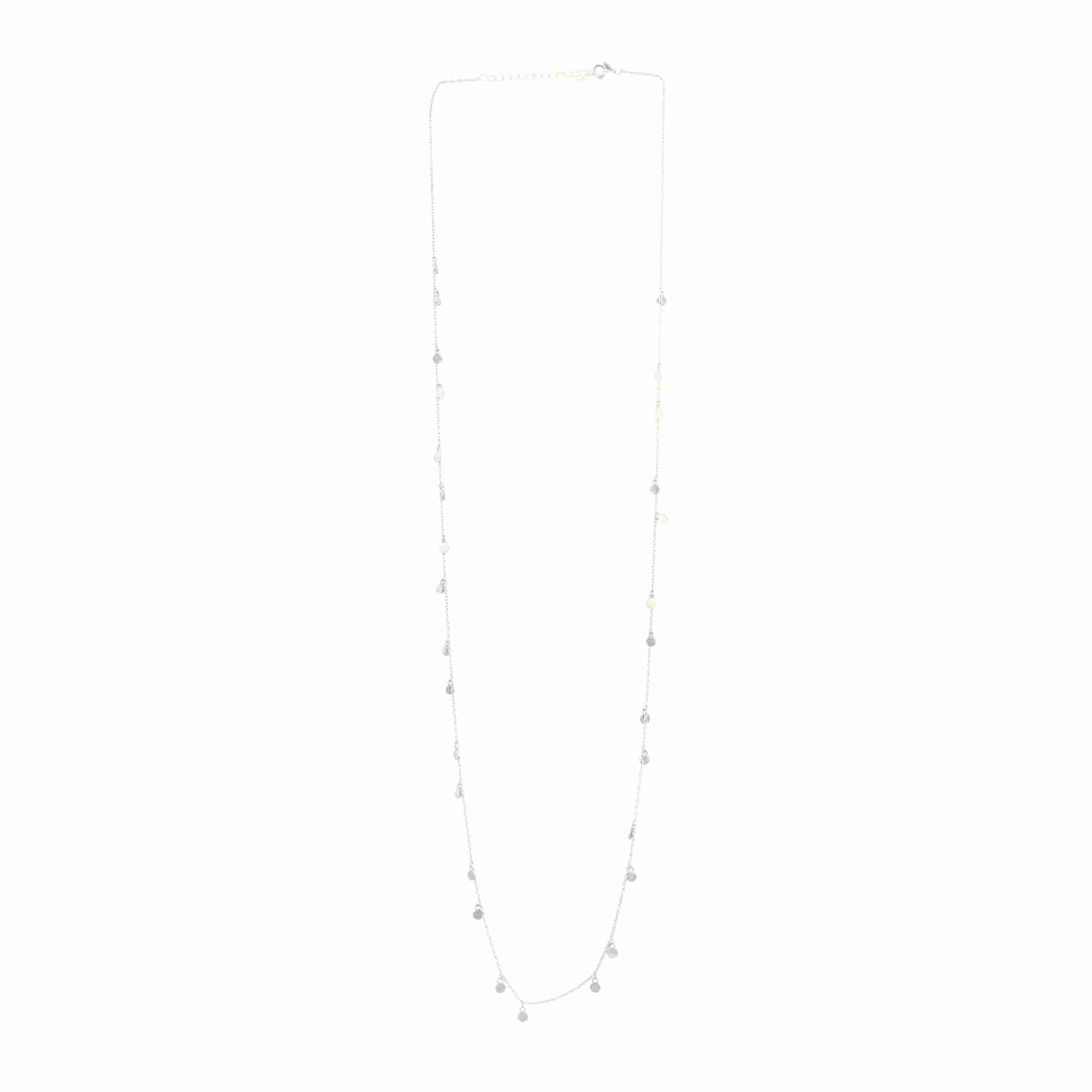Full-length studio product shot on a white background, displaying the entire silver Shimmering Disks Textured Long Layering Necklace with its top clasp closure and delicate disc accents.