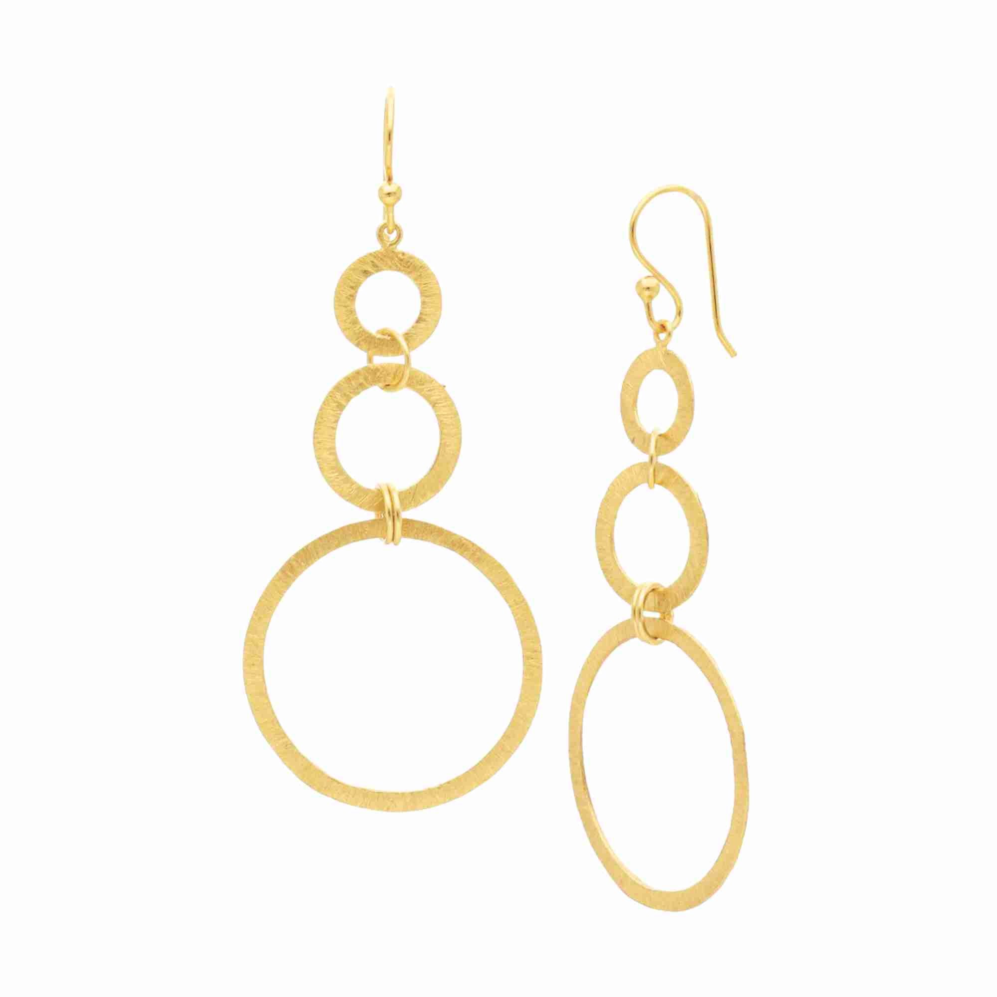 Shimmering Disks Gold Statement Earrings; architectural triple-circle cascade design with a signature brushed-satin gold finish over 92.5 sterling silver.