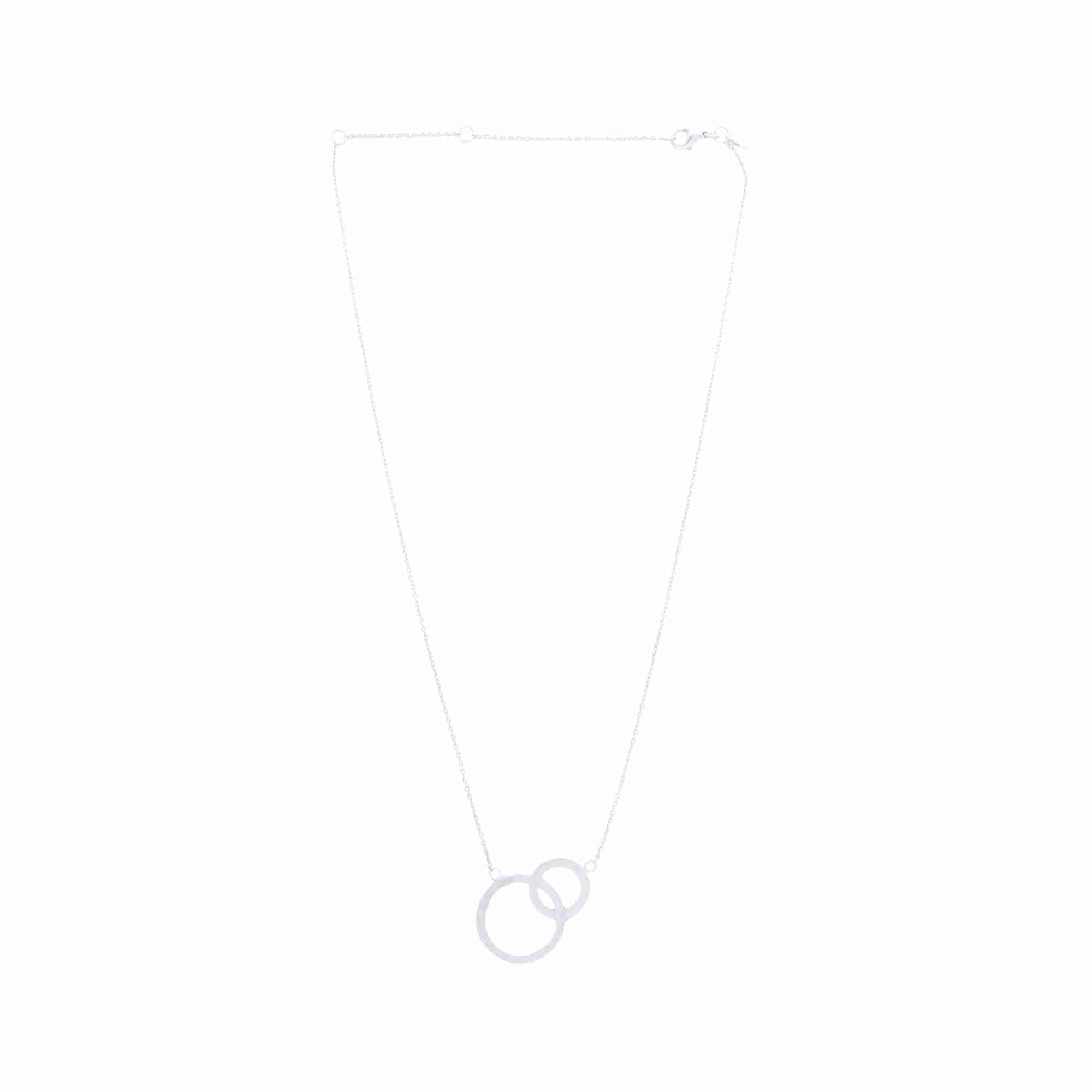 Shimmering Disks Silver Interlinked Necklace; delicate chain design with two interlinked circular stations and a signature brushed-satin finish over 92.5 recycled silver.