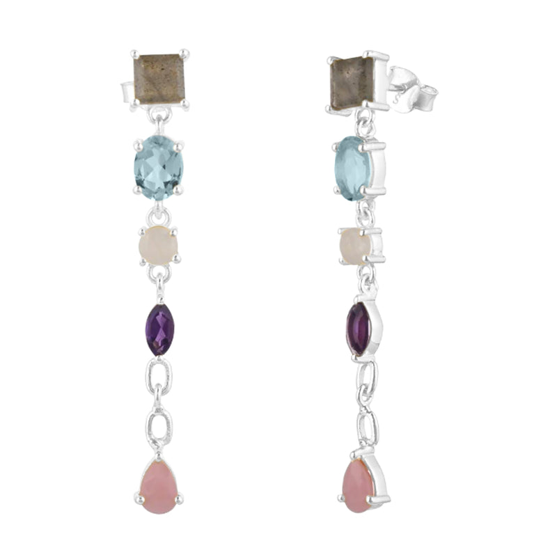 Kaleidoscope Garnet Labradorite Pearl Long Dangling Statement Earrings Gold