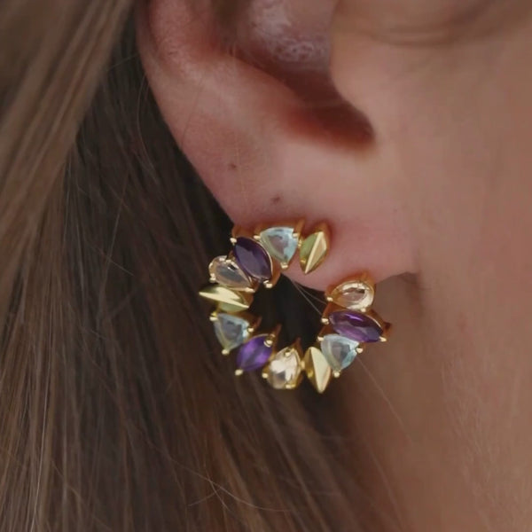 Kaleidoscope Peach Moonstone Amazonite and Rainbow Moonstone Circular Hoop Statement Earrings Gold