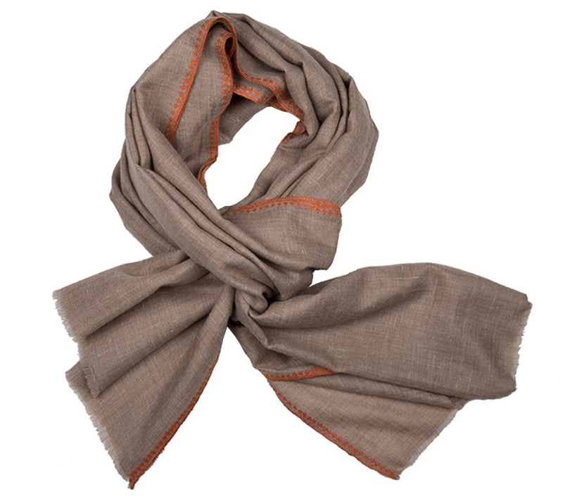 Embroidered Cashmere Stole - Natural Pashmina (Undyed) Fine Orange Embroidered Edge