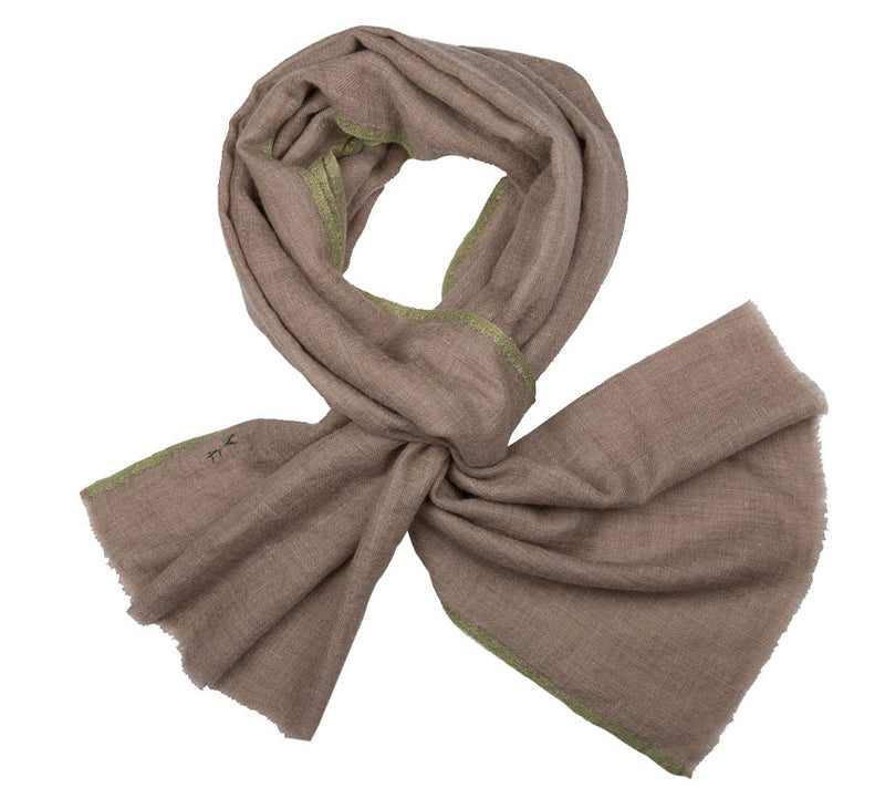 Embroidered Cashmere Stole - Fine Lime Green Embroidered Edge