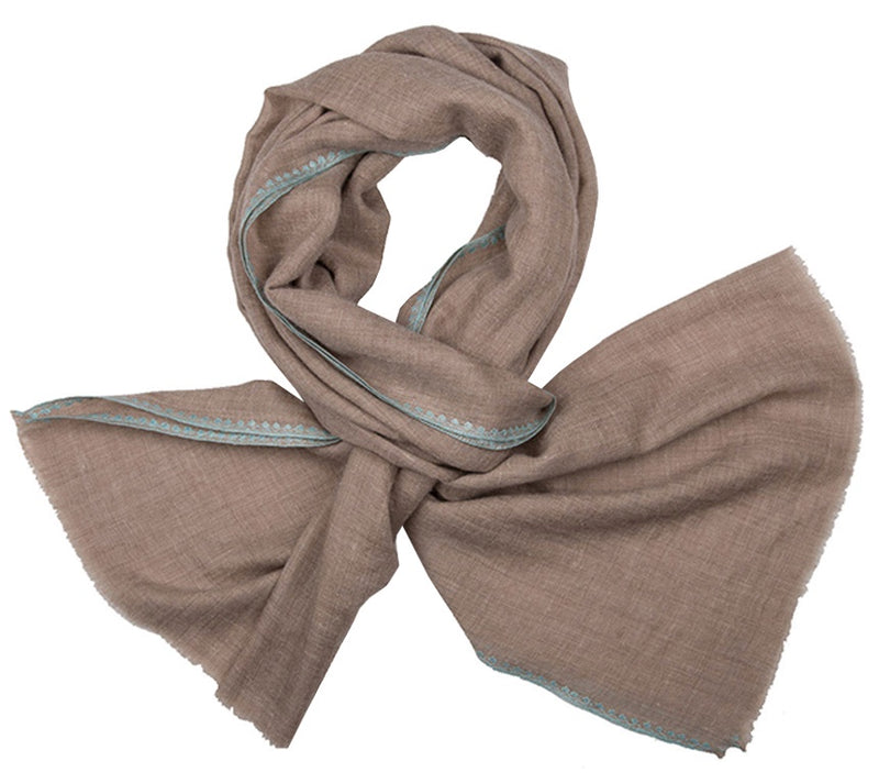 Embroidered Cashmere Stoles - Natural Pashmina (Undyed) Fine Sky Blue Embroidered Edge