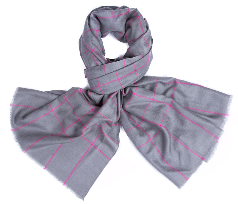Yarn Dyed Cashmere Stole - Grey with Pink Checks