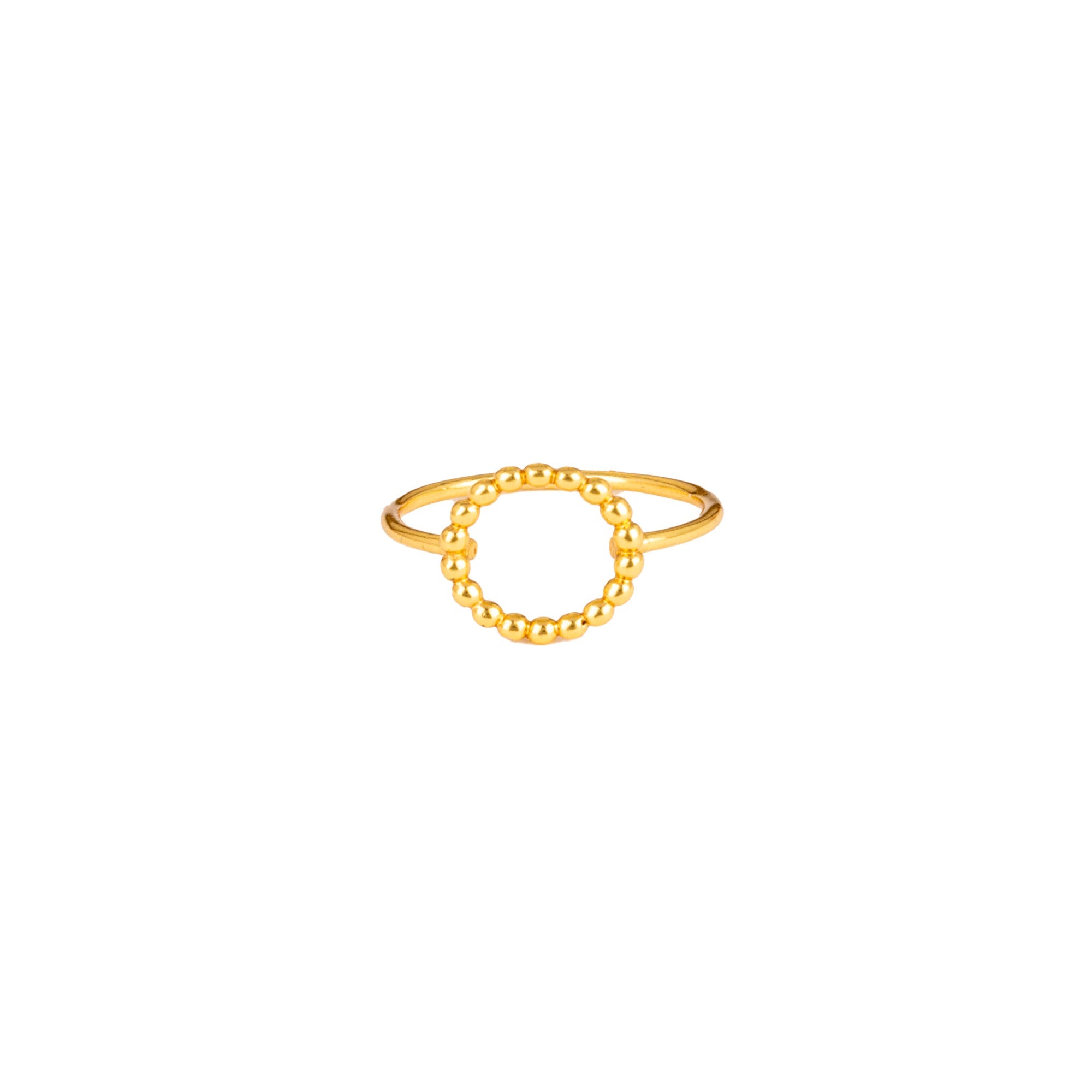Delicate Vintage Beaded Open Circle Ring Gold — a thin gold ring with a beaded circular halo centerpiece by Protsaah Zurich.