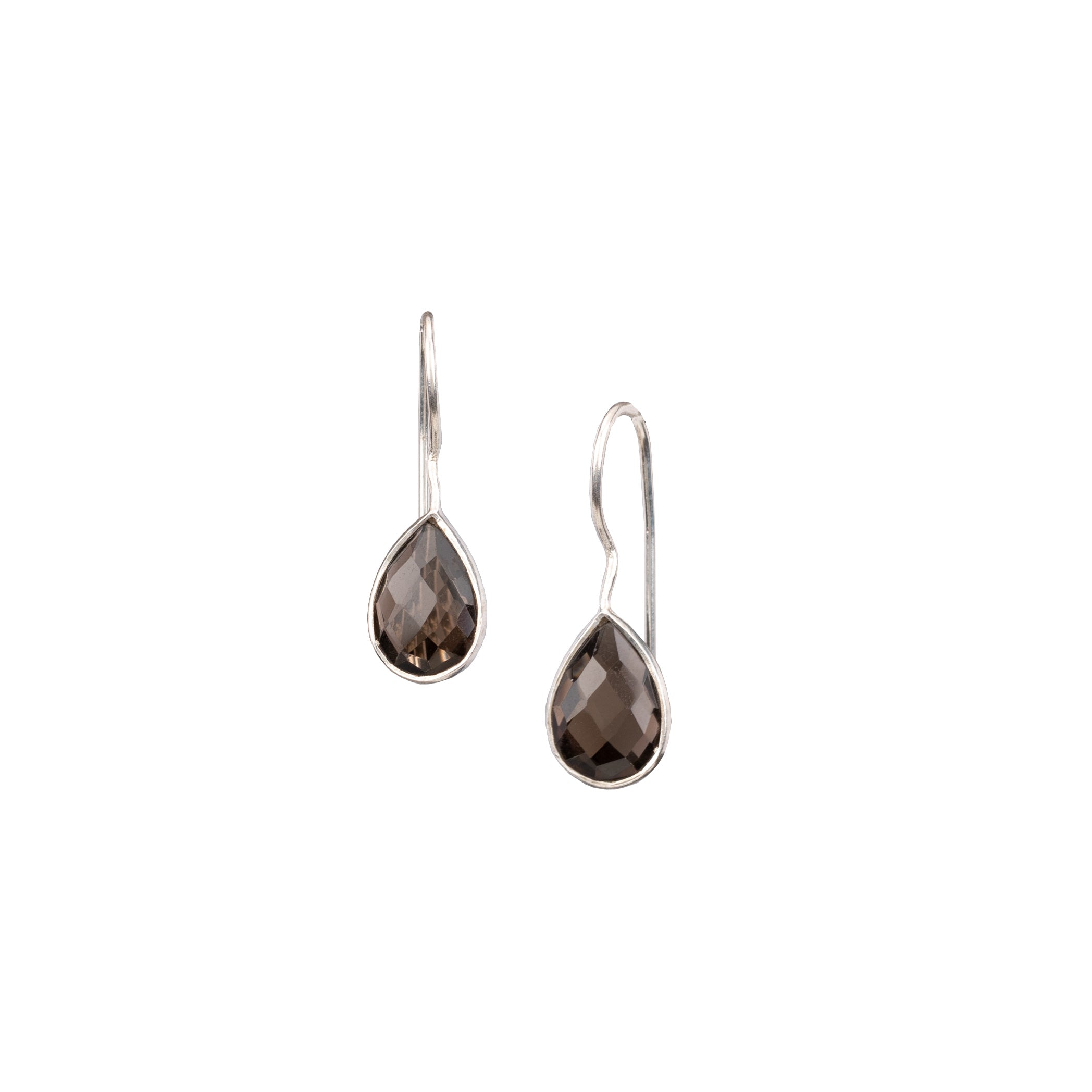 ew Drops Smoky Quartz Teardrop Earrings Drop Earrings Silver — faceted pear-cut translucent smoky quartz gemstone bezel-set on a continuous silver ear hook — Protsaah.