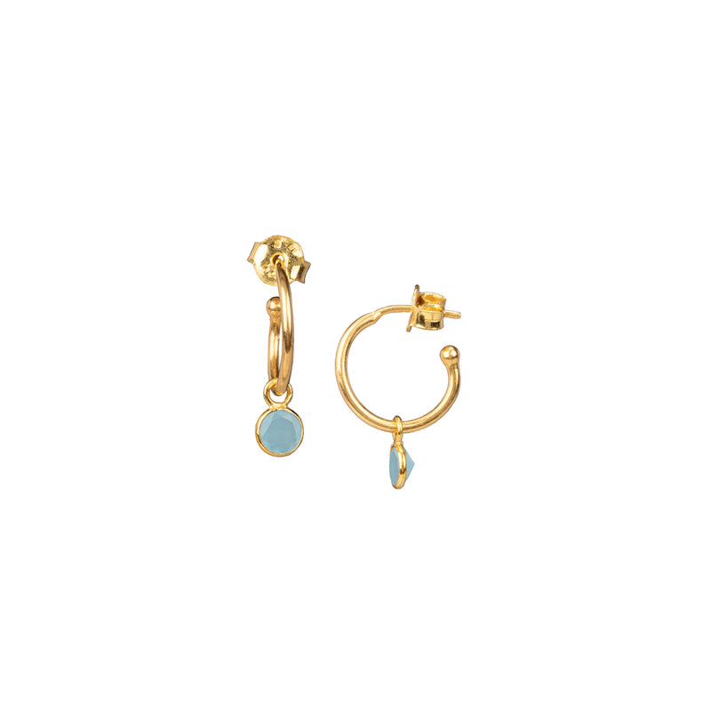 Dew Drops Single Stone Hoop Earrings Gold Aqua Chalcedony