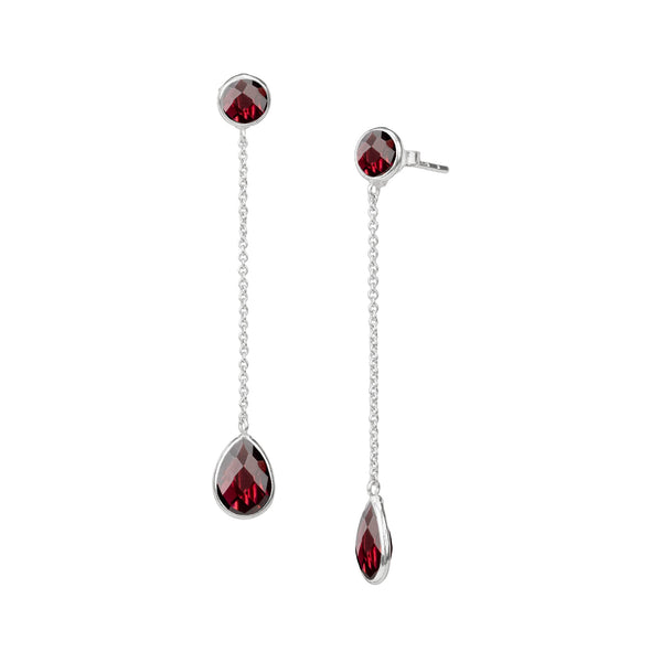 Dew Drops Chained Garnet Dangler Earrings Silver